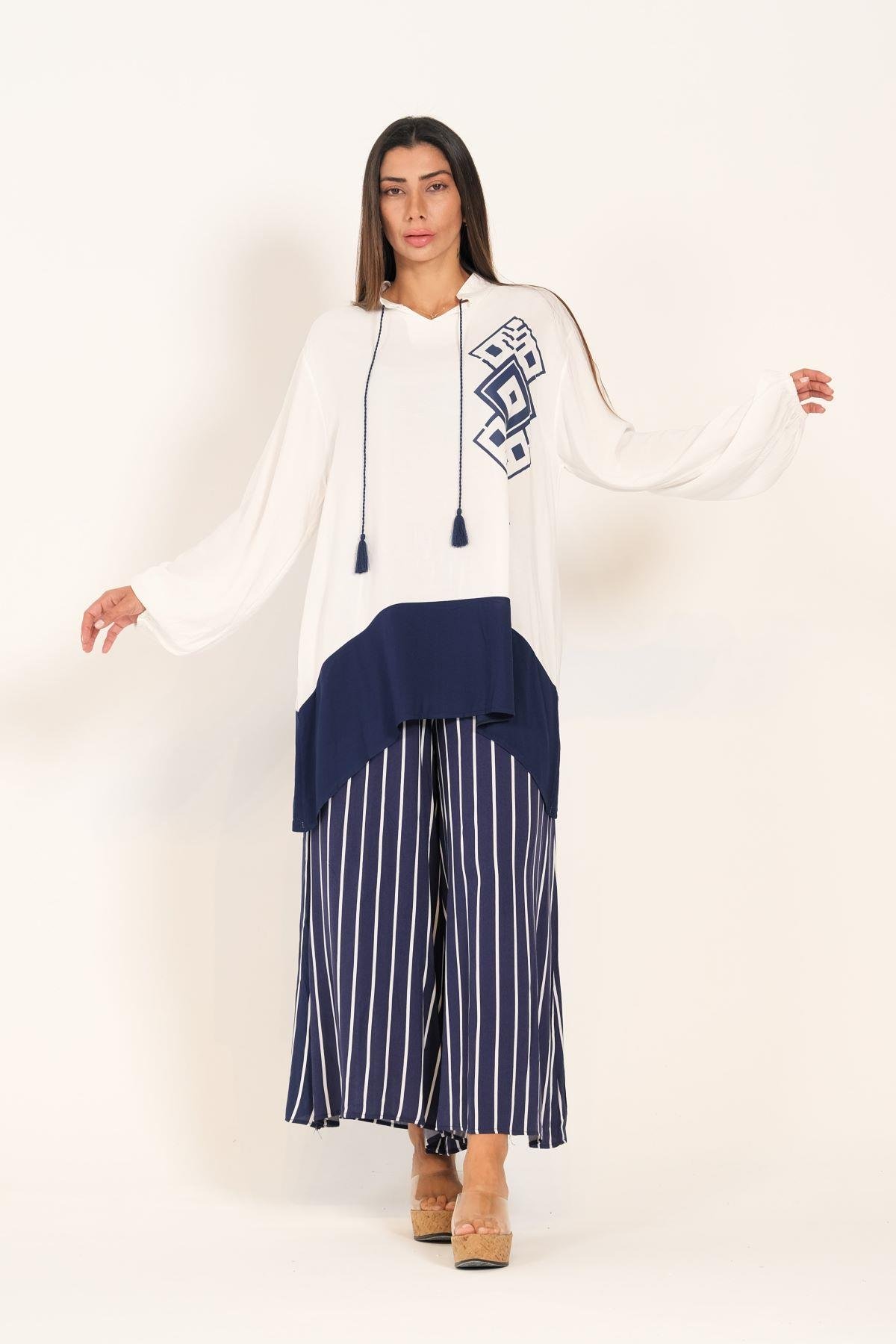 Lacivert Desenli Püsküllü Pantolonu Çizgili Cepli Tunik Pantolon İkili Takım