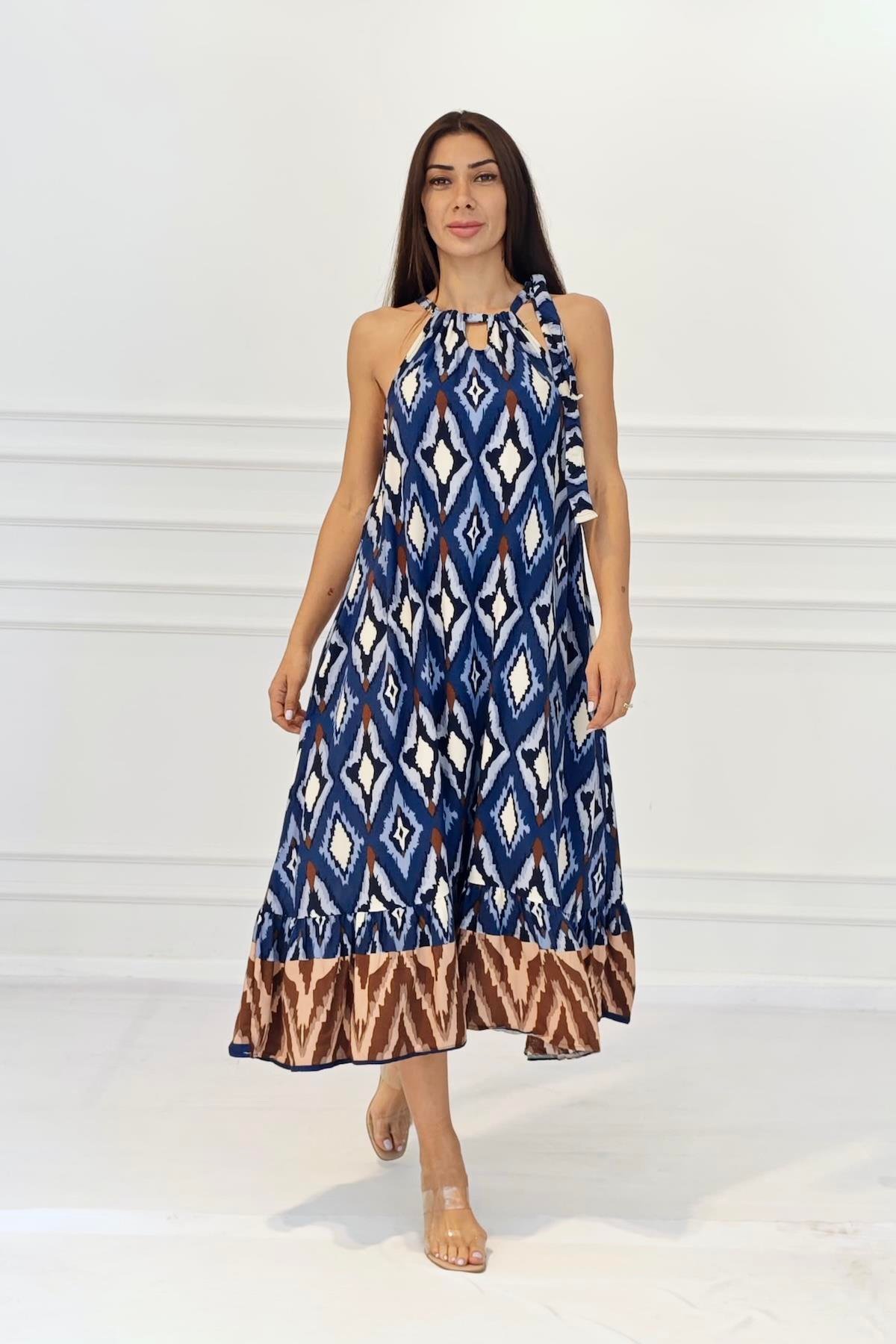 Lacivert Etnik Desenli Boyundan Bağlamalı Cepli Uzun Elbise
