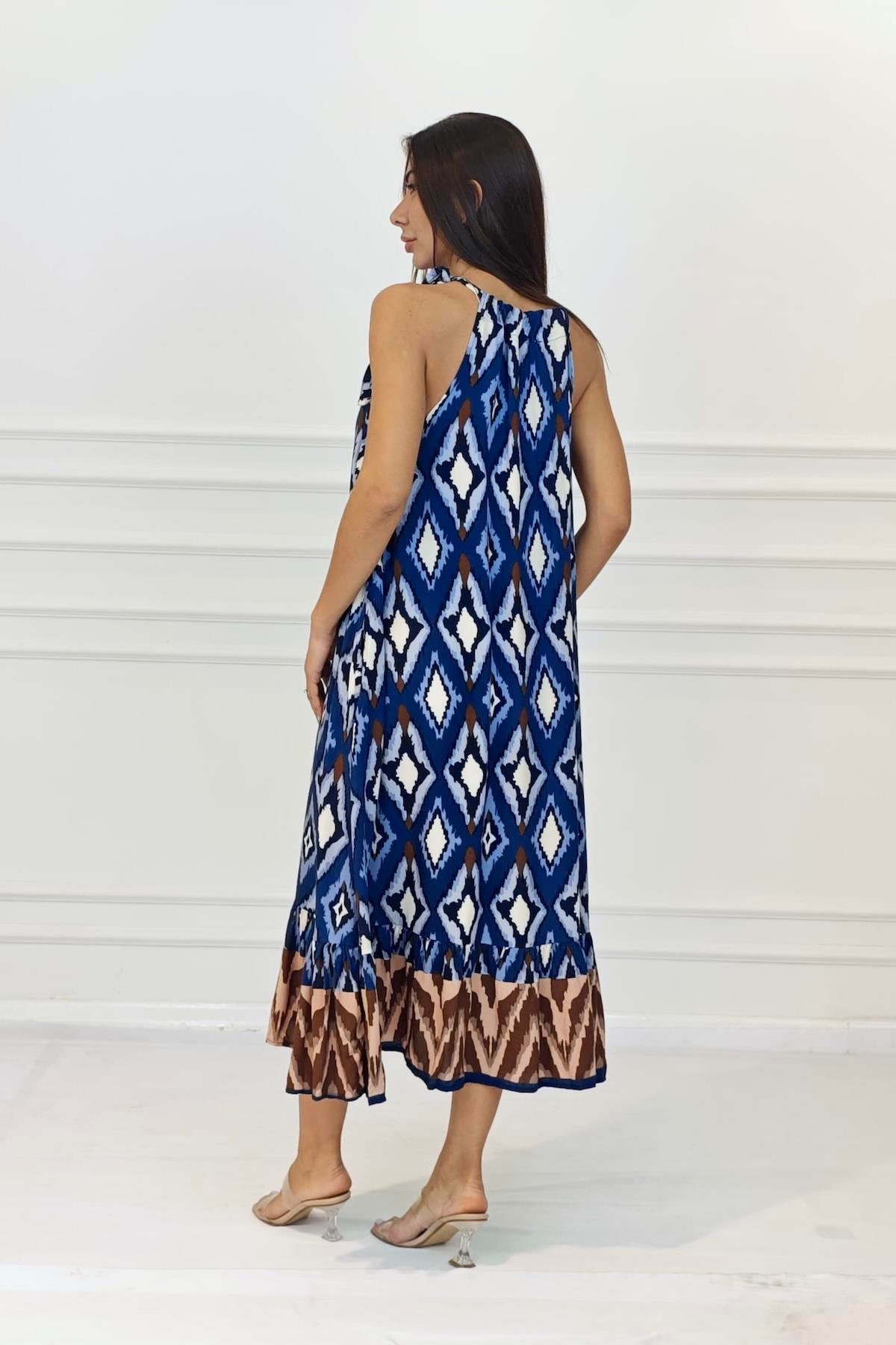 Lacivert Etnik Desenli Boyundan Bağlamalı Cepli Uzun Elbise