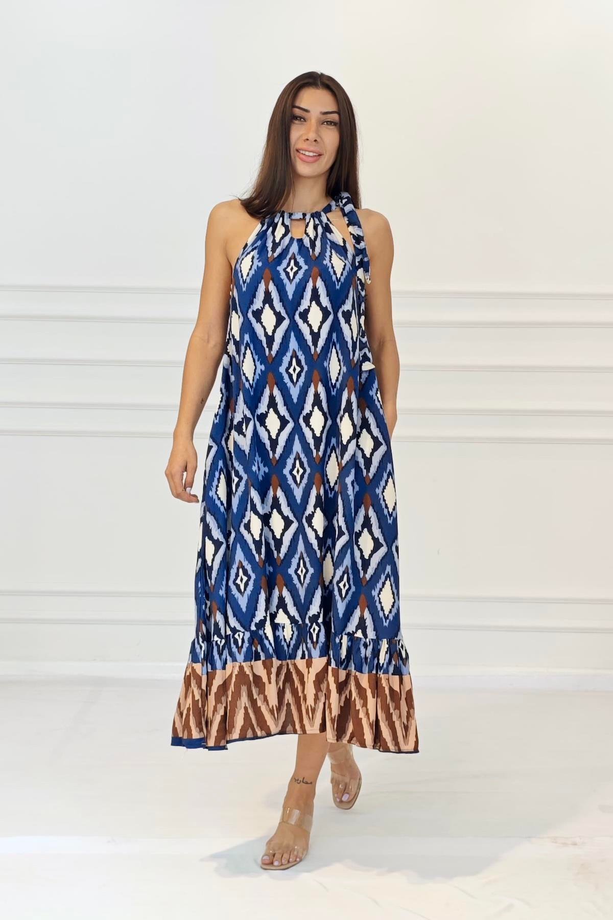 Lacivert Etnik Desenli Boyundan Bağlamalı Cepli Uzun Elbise