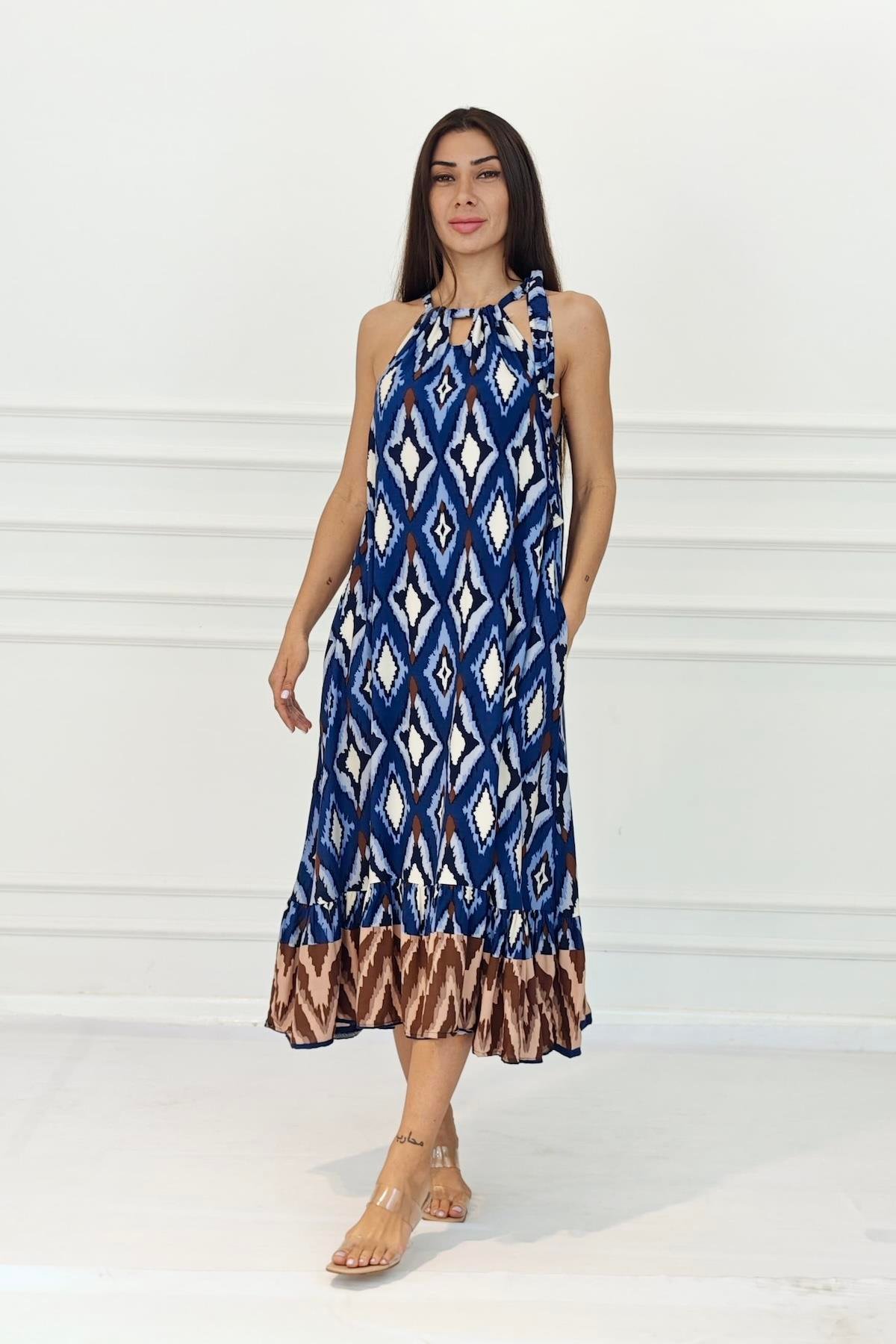Lacivert Etnik Desenli Boyundan Bağlamalı Cepli Uzun Elbise