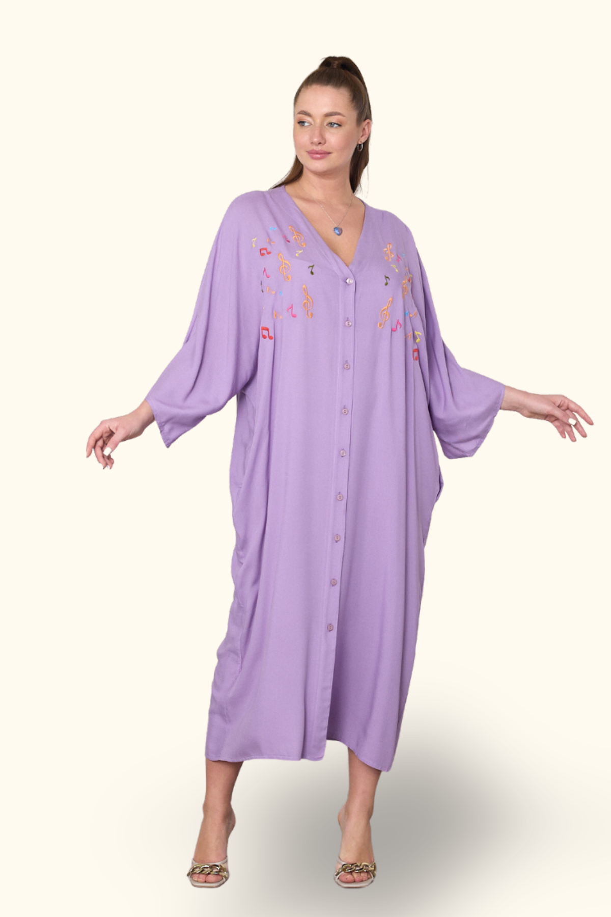 Lila V Yaka Önü Nota Nakışlı Cepli Oversize Uzun Gömlek Elbise