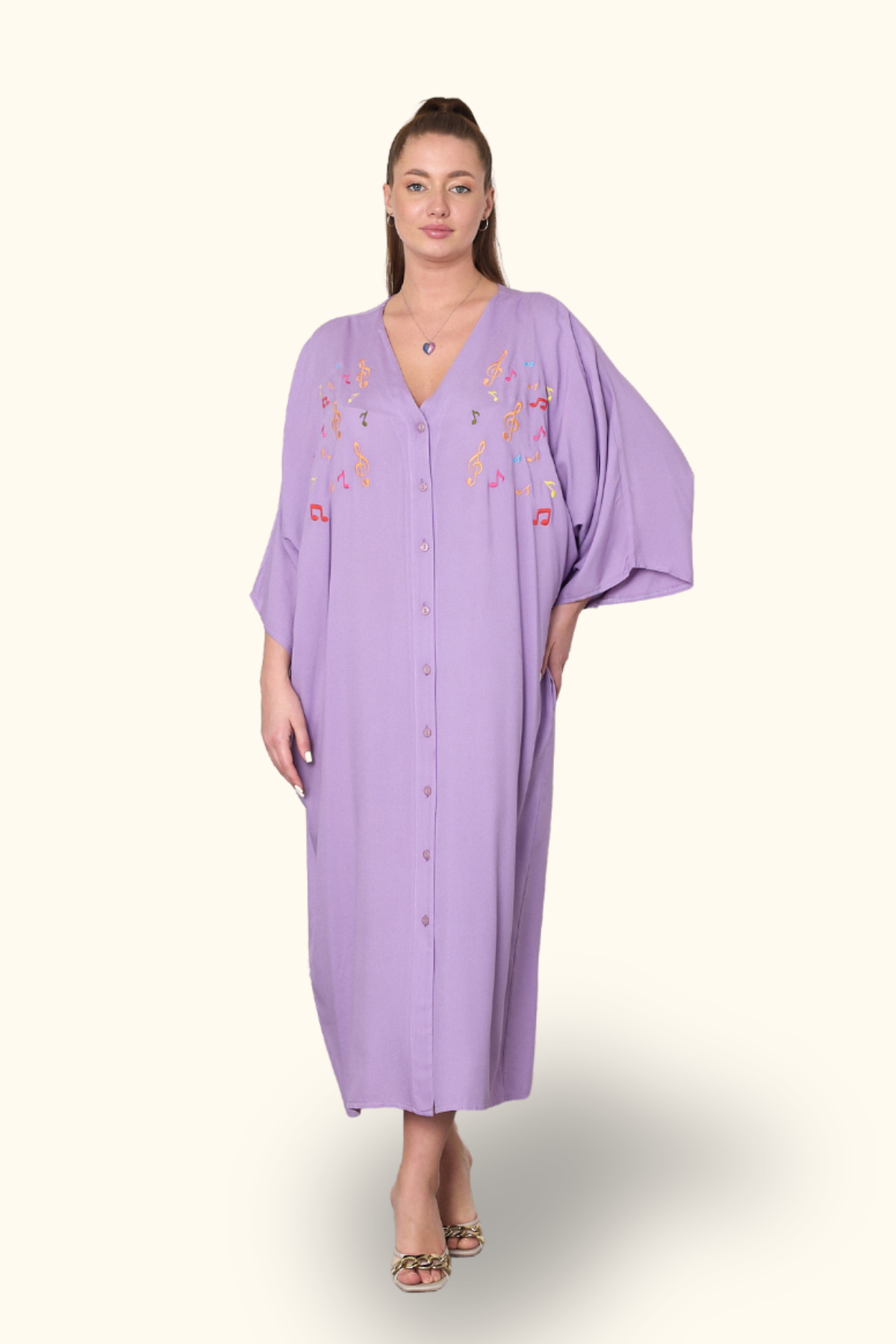 Lila V Yaka Önü Nota Nakışlı Cepli Oversize Uzun Gömlek Elbise