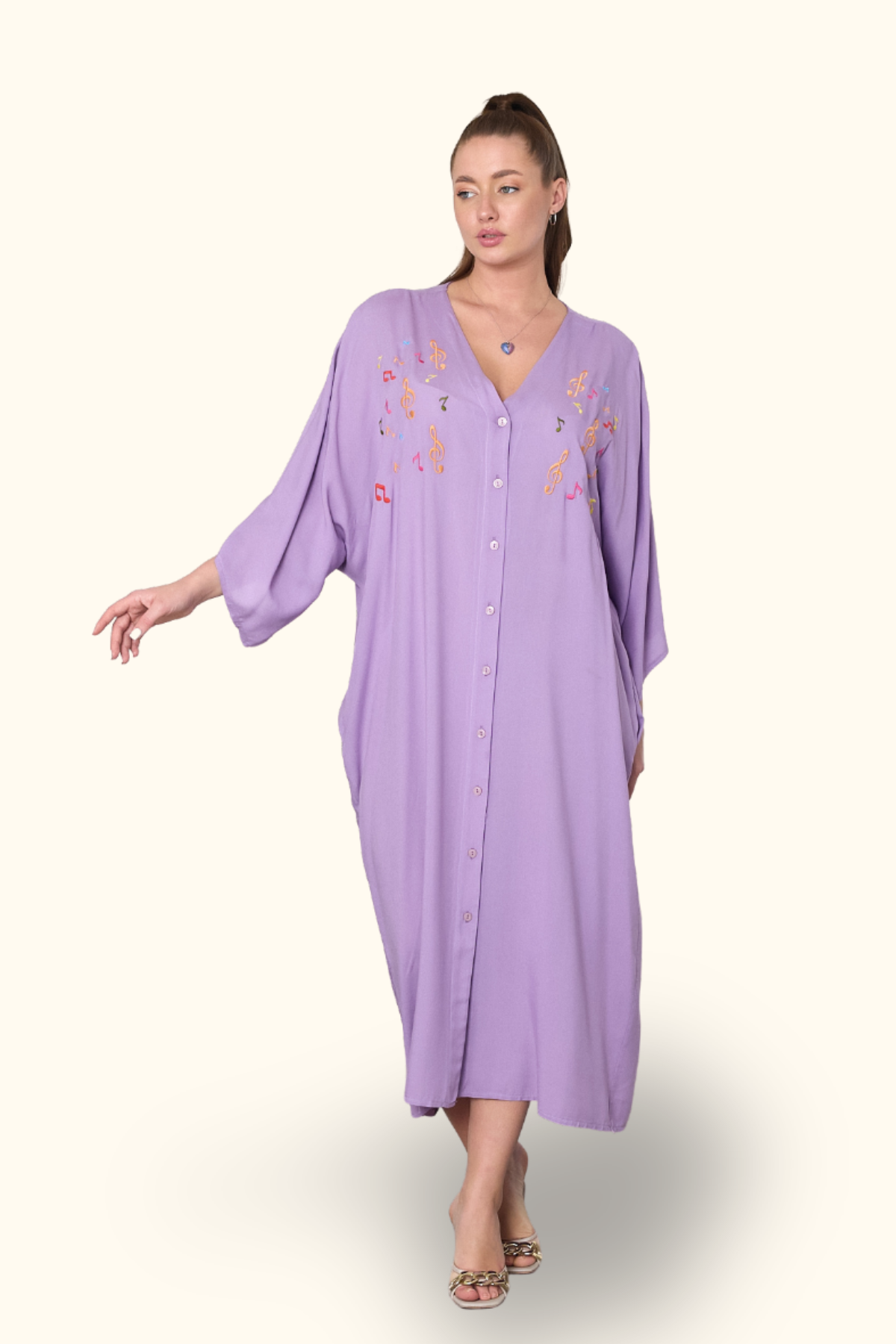 Lila V Yaka Önü Nota Nakışlı Cepli Oversize Uzun Gömlek Elbise