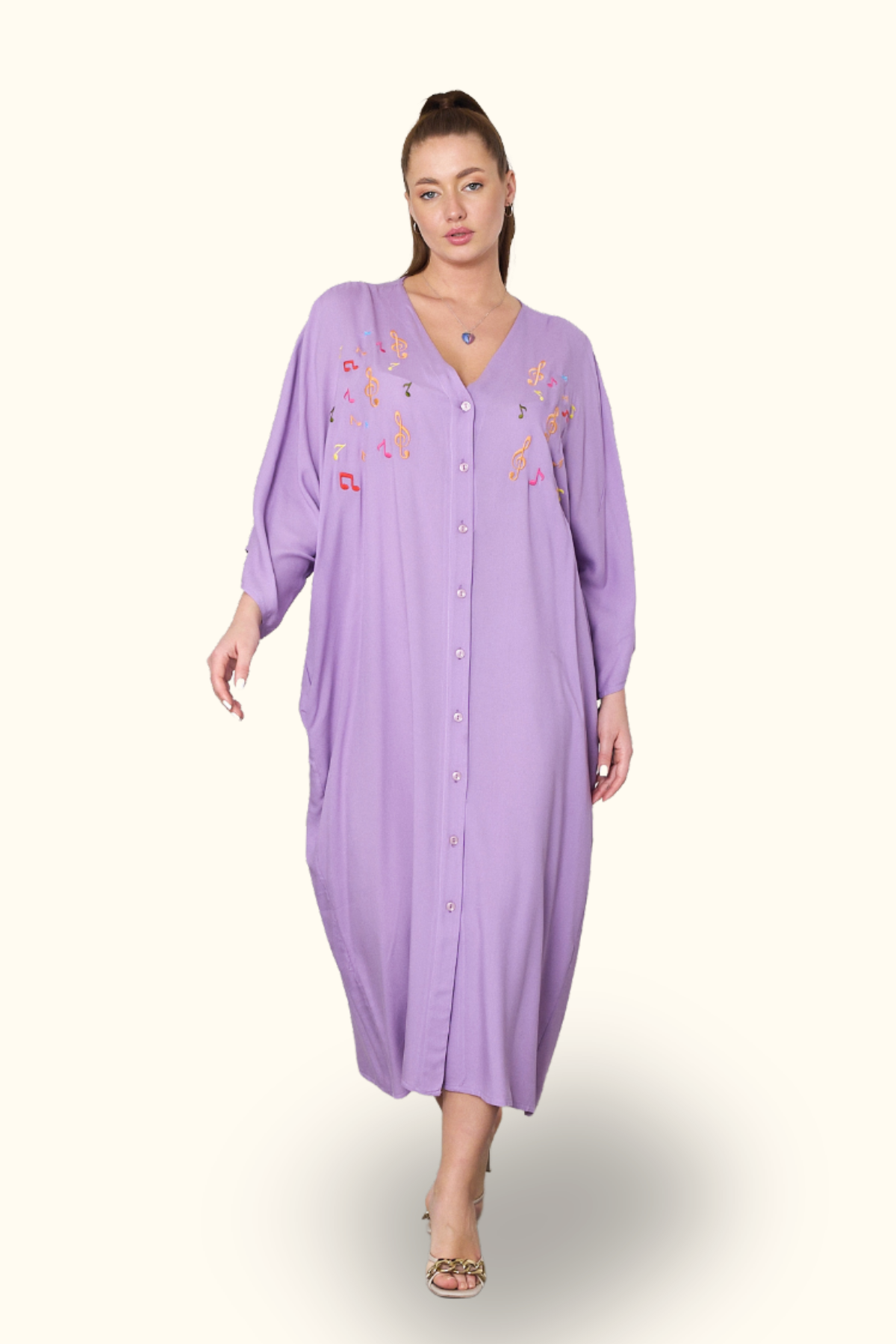 Lila V Yaka Önü Nota Nakışlı Cepli Oversize Uzun Gömlek Elbise