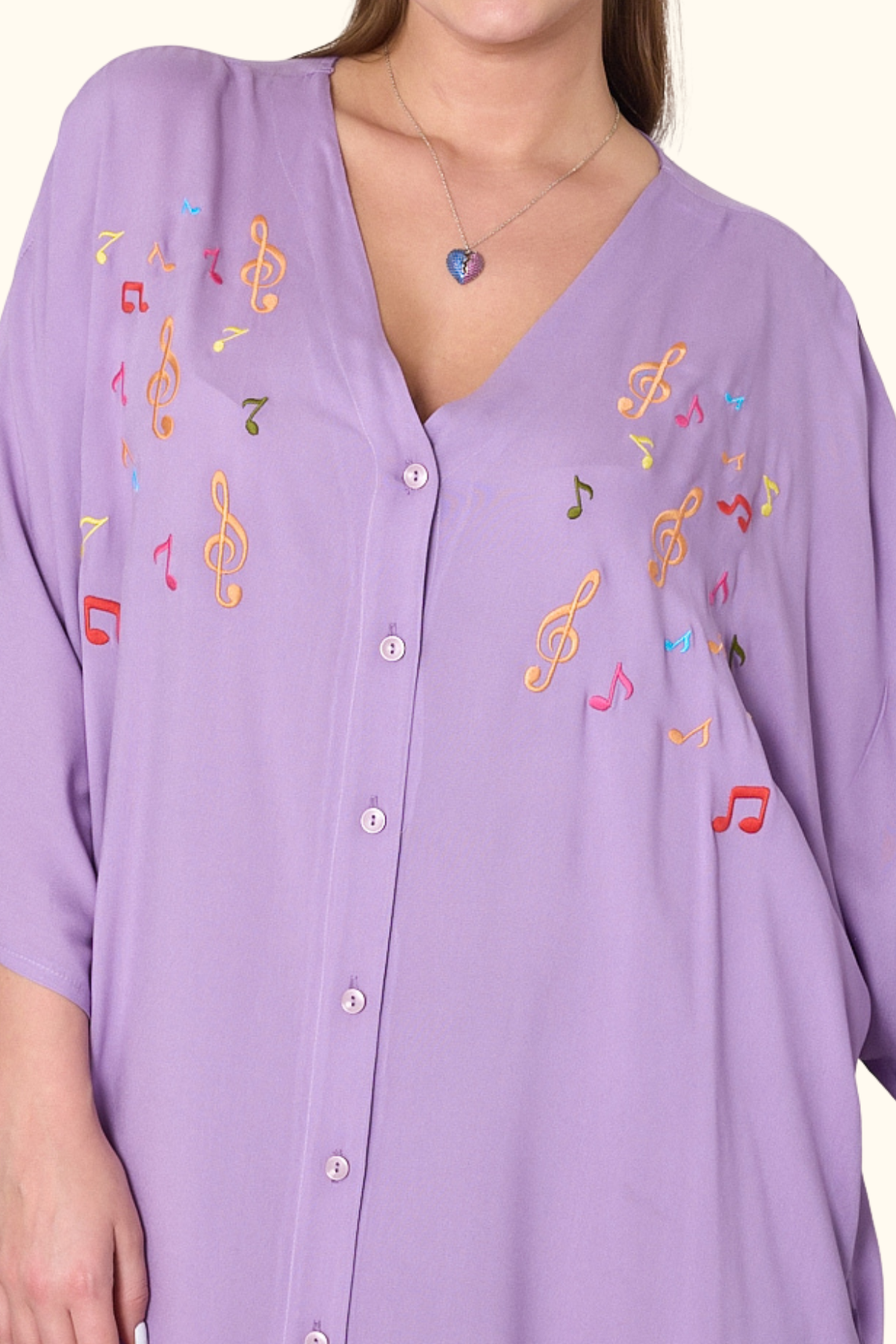 Lila V Yaka Önü Nota Nakışlı Cepli Oversize Uzun Gömlek Elbise