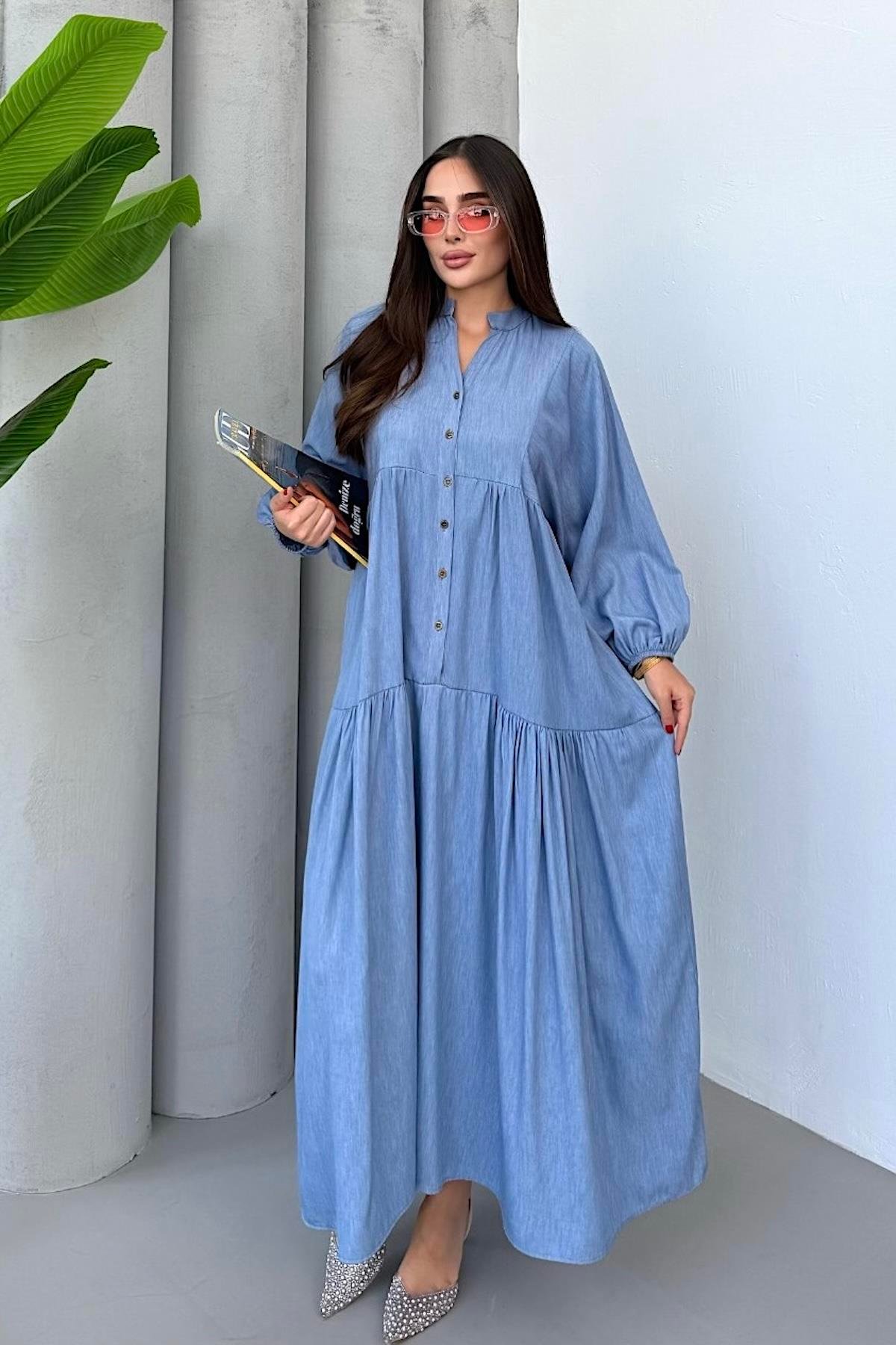 Mavi Balon Kol Önden Düğmeli Tensel Uzun Elbise