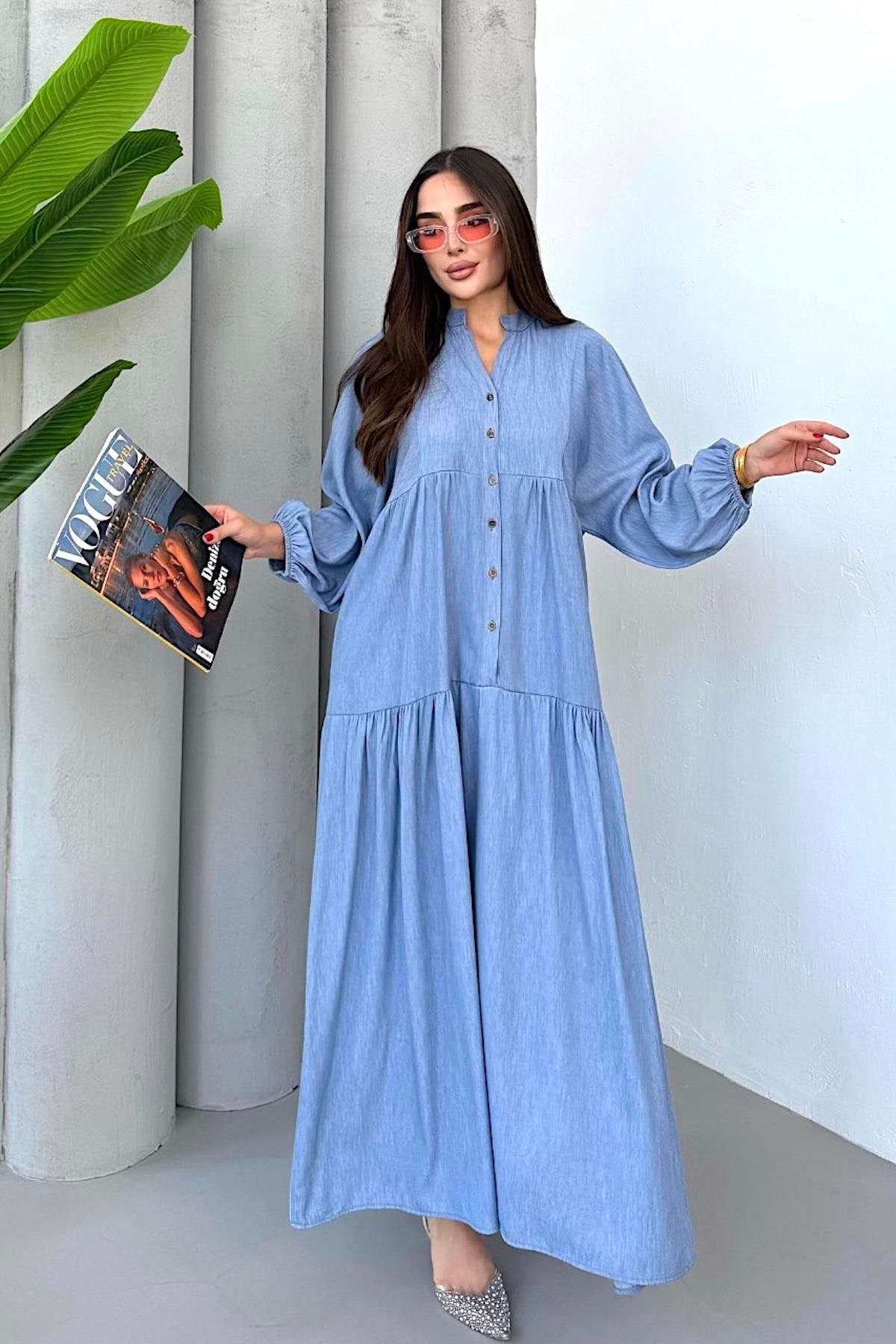 Mavi Balon Kol Önden Düğmeli Tensel Uzun Elbise