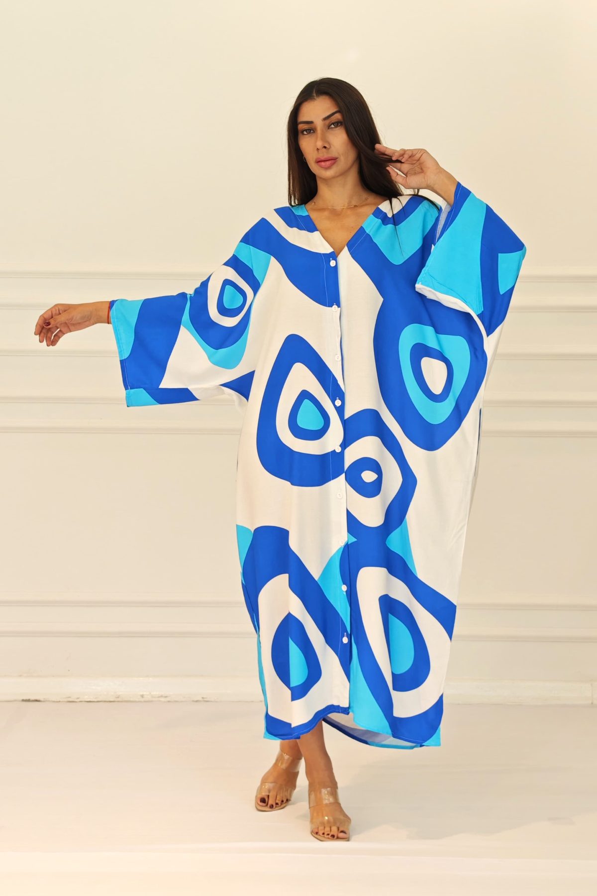 Mavi Desenli Sırtı Göz Baskılı Cepli Oversize Uzun Gömlek Elbise