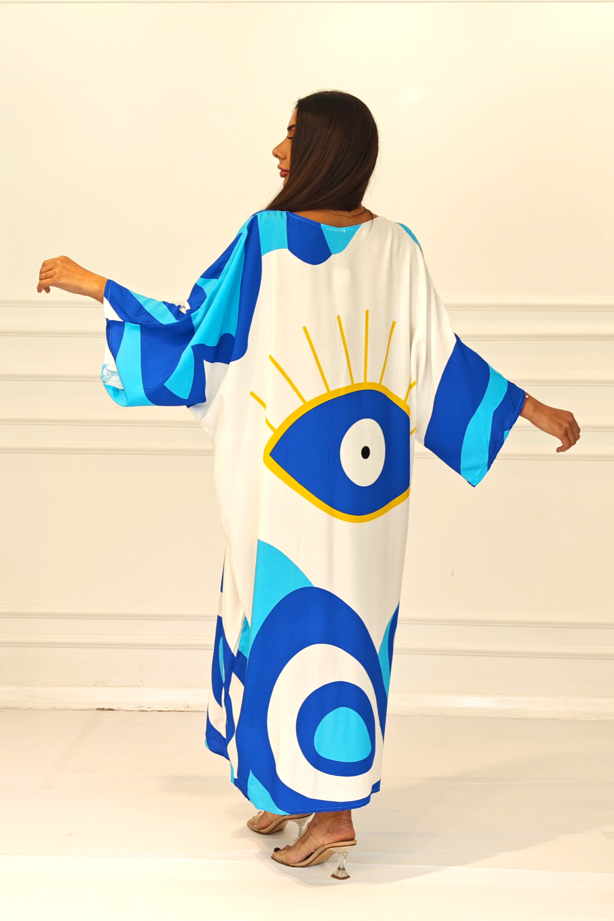 Mavi Desenli Sırtı Göz Baskılı Cepli Oversize Uzun Gömlek Elbise