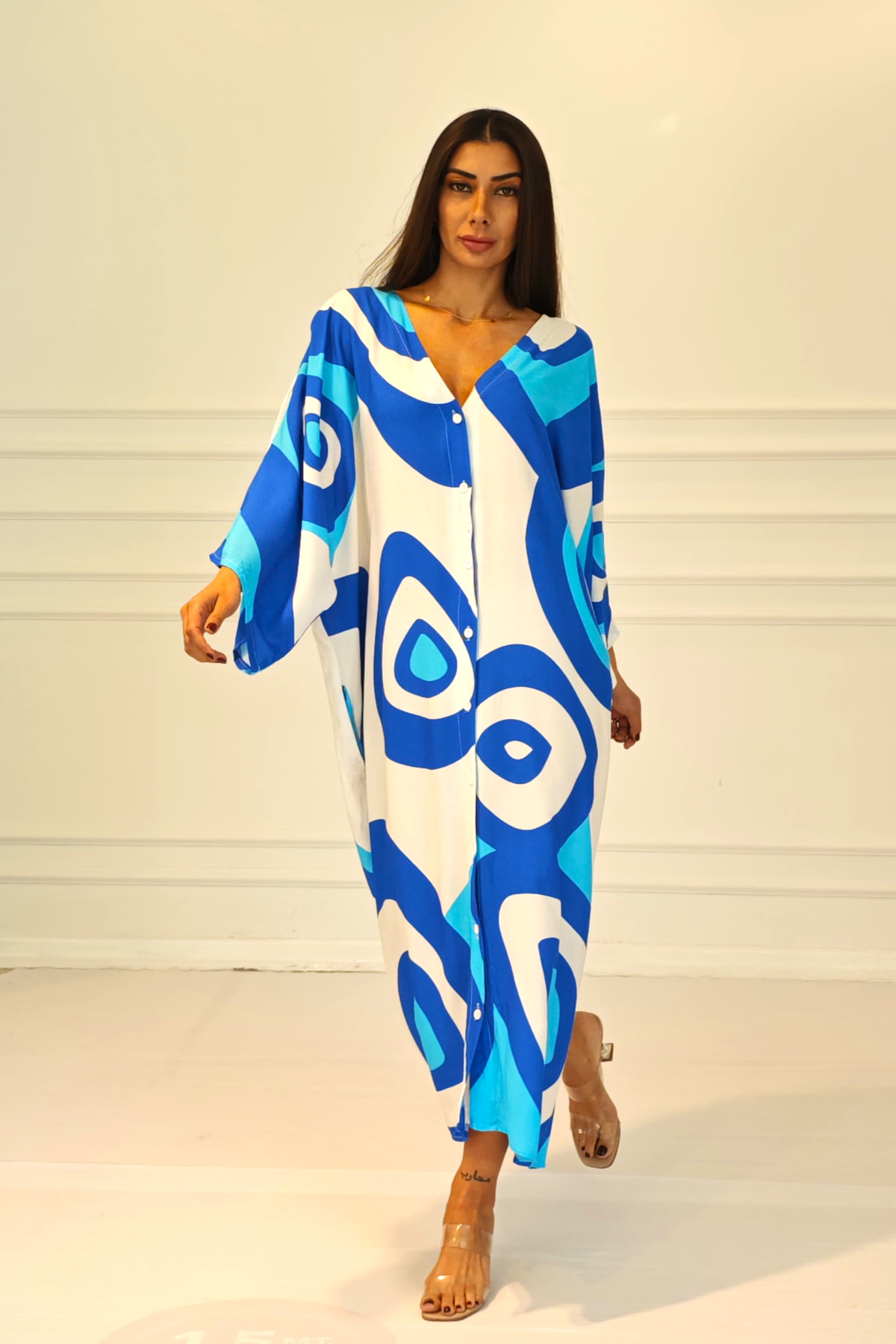 Mavi Desenli Sırtı Göz Baskılı Cepli Oversize Uzun Gömlek Elbise