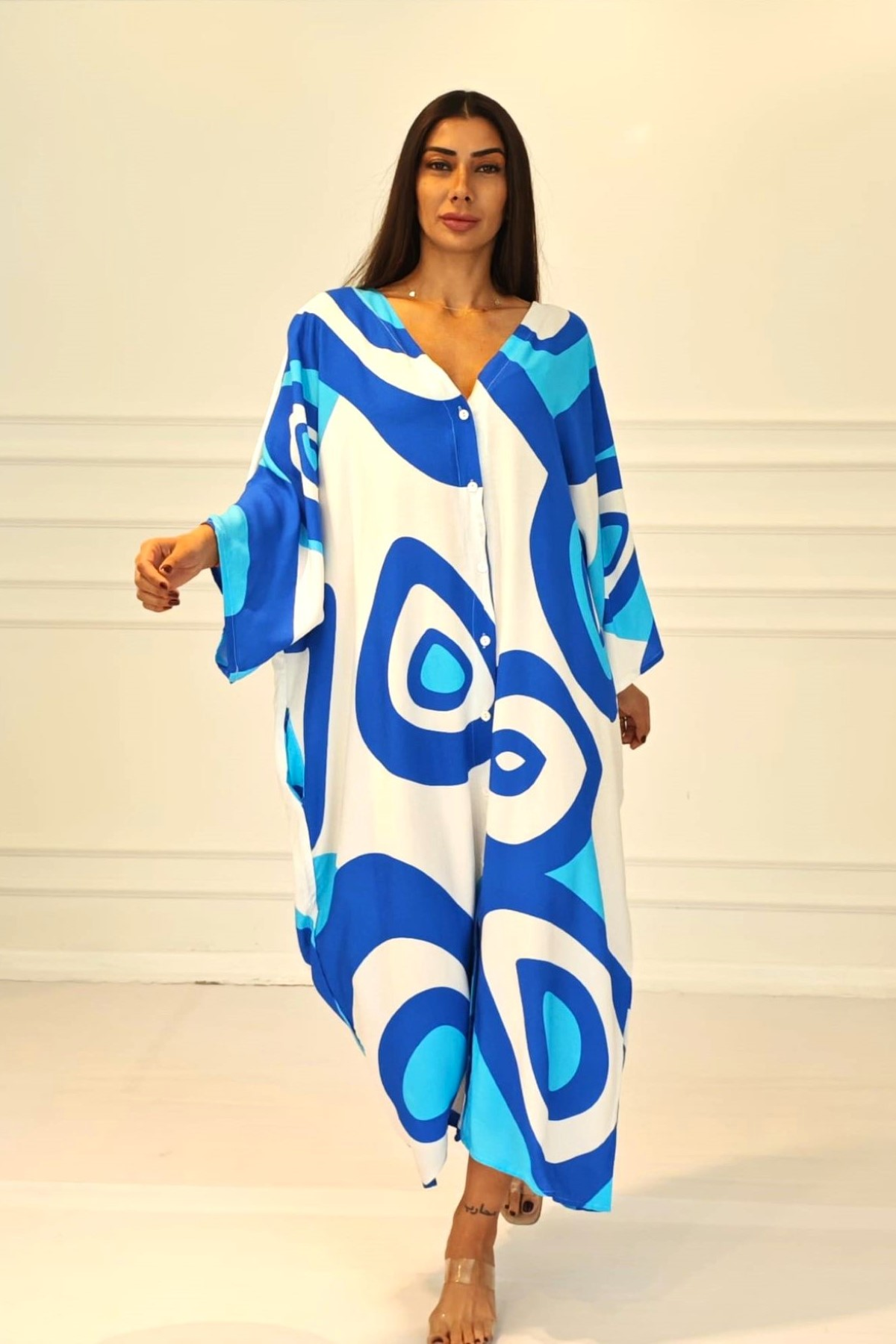 Mavi Desenli Sırtı Göz Baskılı Cepli Oversize Uzun Gömlek Elbise