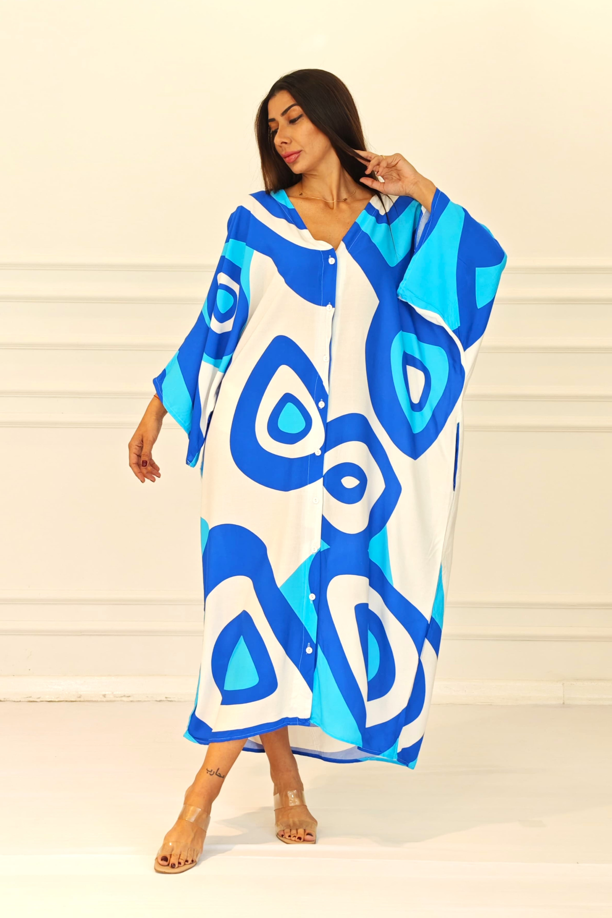 Mavi Desenli Sırtı Göz Baskılı Cepli Oversize Uzun Gömlek Elbise