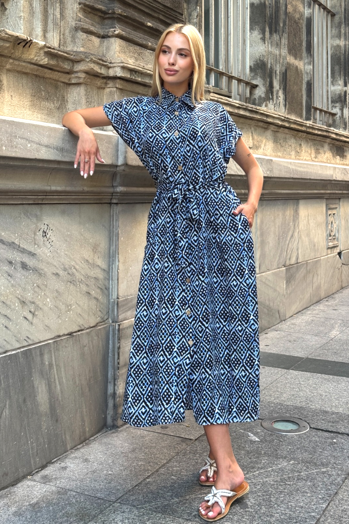 Mavi Gömlek Yaka Kemerli Cepli Uzun Gömlek Elbise