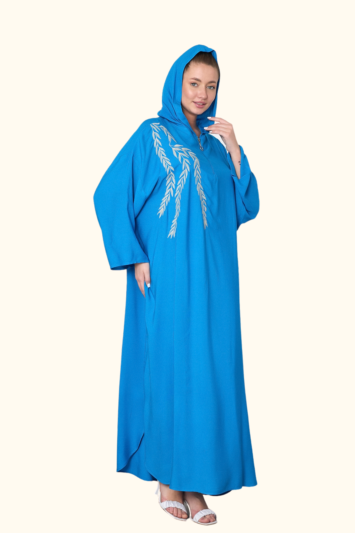 Mavi Kapüşonlu Nakışlı Cepli Oversize Uzun Elbise