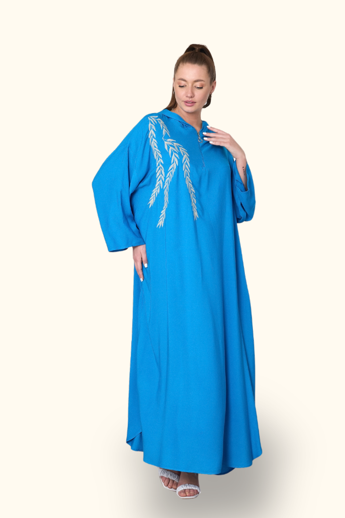 Mavi Kapüşonlu Nakışlı Cepli Oversize Uzun Elbise