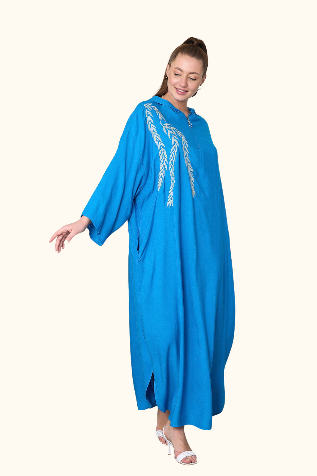 Mavi Kapüşonlu Nakışlı Cepli Oversize Uzun Elbise