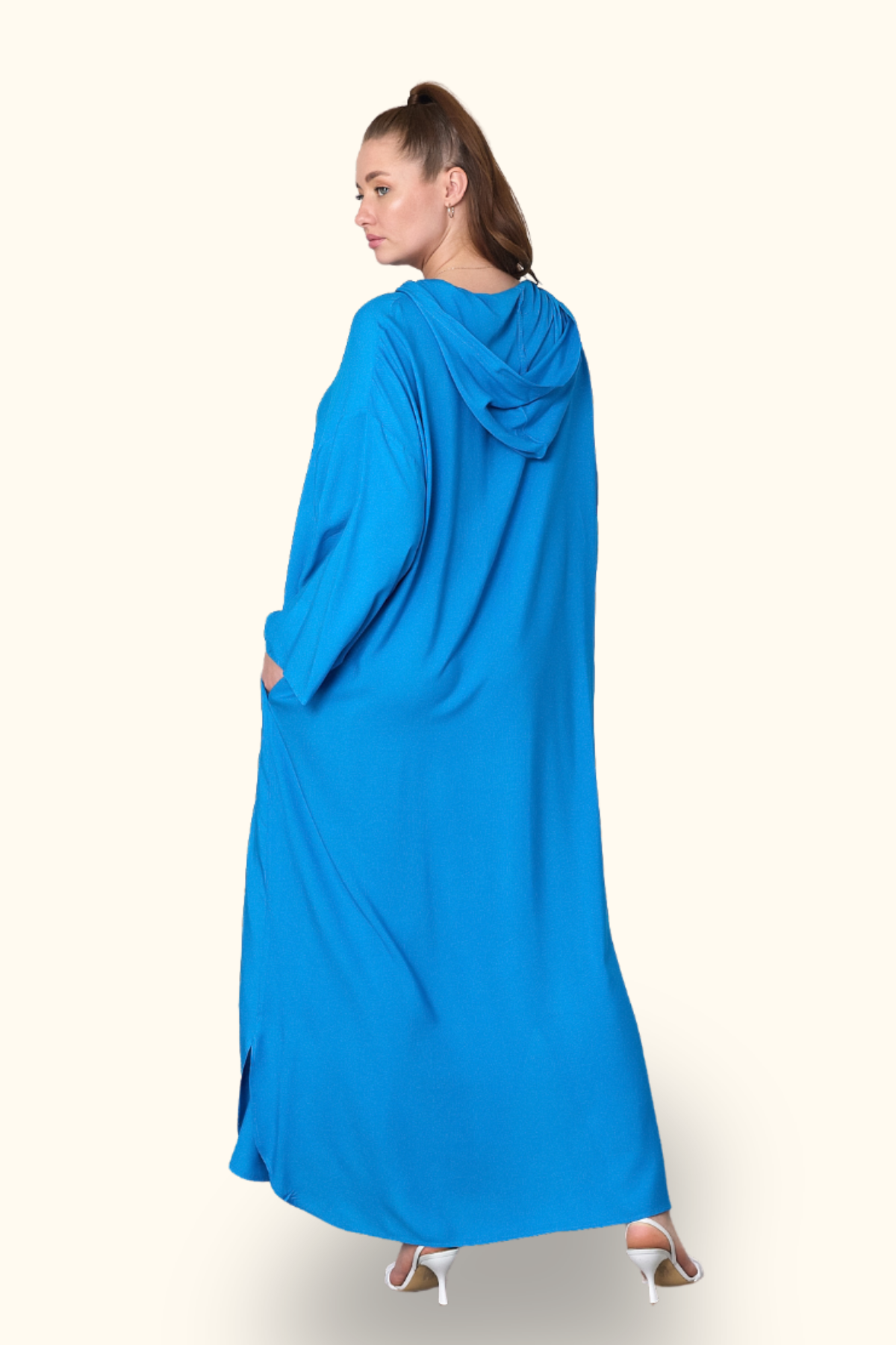 Mavi Kapüşonlu Nakışlı Cepli Oversize Uzun Elbise