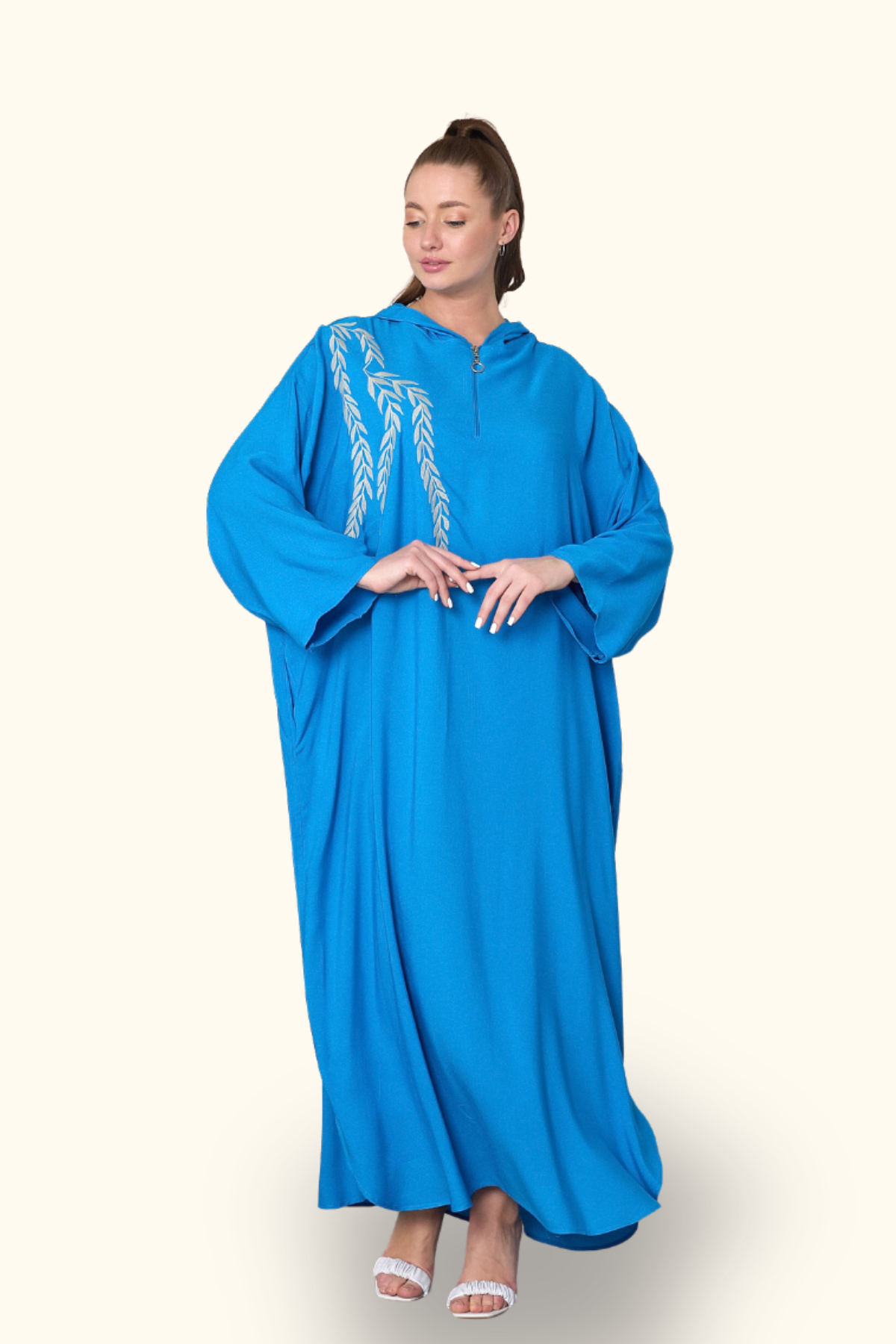 Mavi Kapüşonlu Nakışlı Cepli Oversize Uzun Elbise