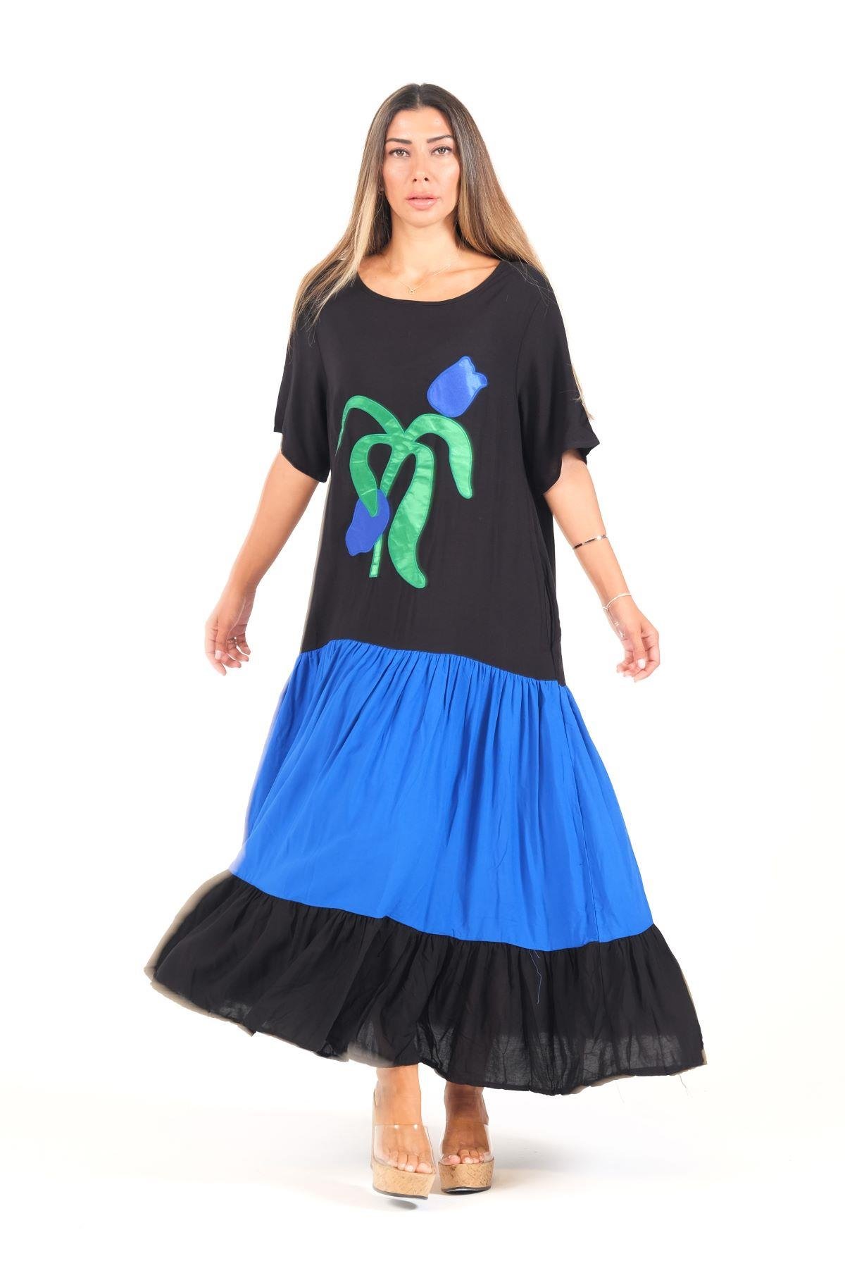 Mavi Siyah Garnili Kayık Yaka Kısa Kollu Aplike Lale Nakışlı Uzun Elbise