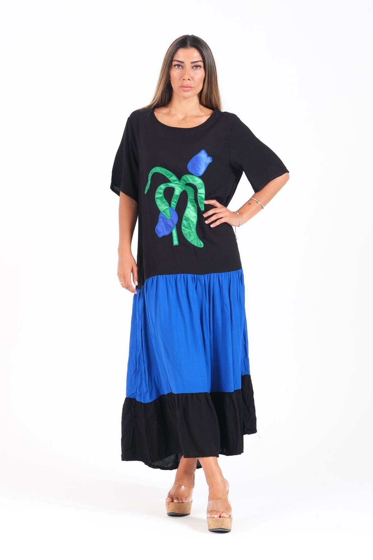 Mavi Siyah Garnili Kayık Yaka Kısa Kollu Aplike Lale Nakışlı Uzun Elbise