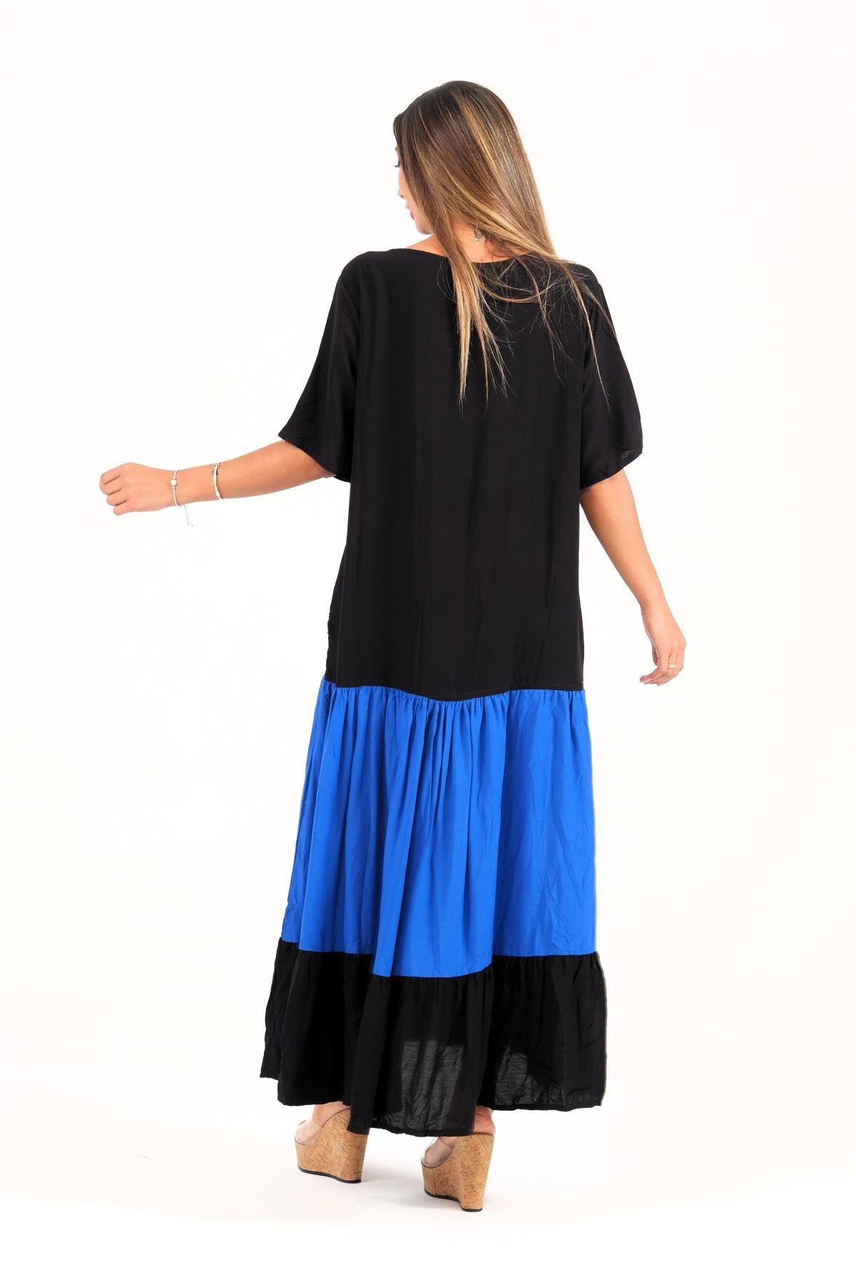 Mavi Siyah Garnili Kayık Yaka Kısa Kollu Aplike Lale Nakışlı Uzun Elbise