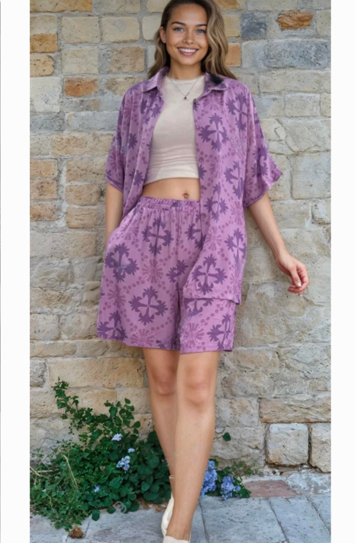 Mor Desenli Gömleği Kısa Kollu Gömlek Şort Takım