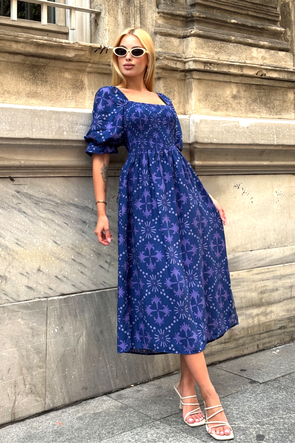 Mor Desenli Karpuz Kol Gipeli Uzun Elbise