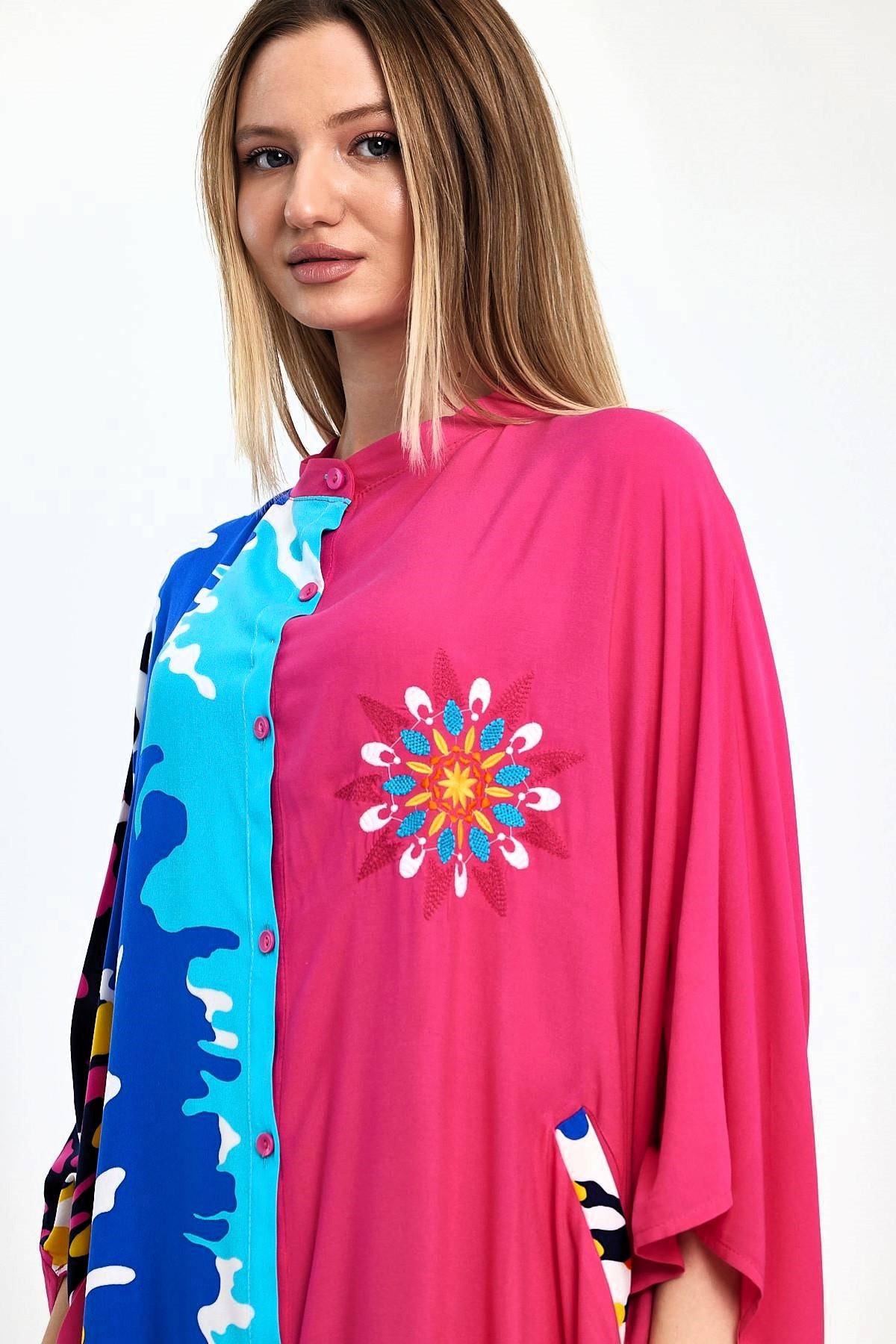 Pembe Desen Garnili Göğsü Nakışlı Cepli Oversize Uzun Elbise