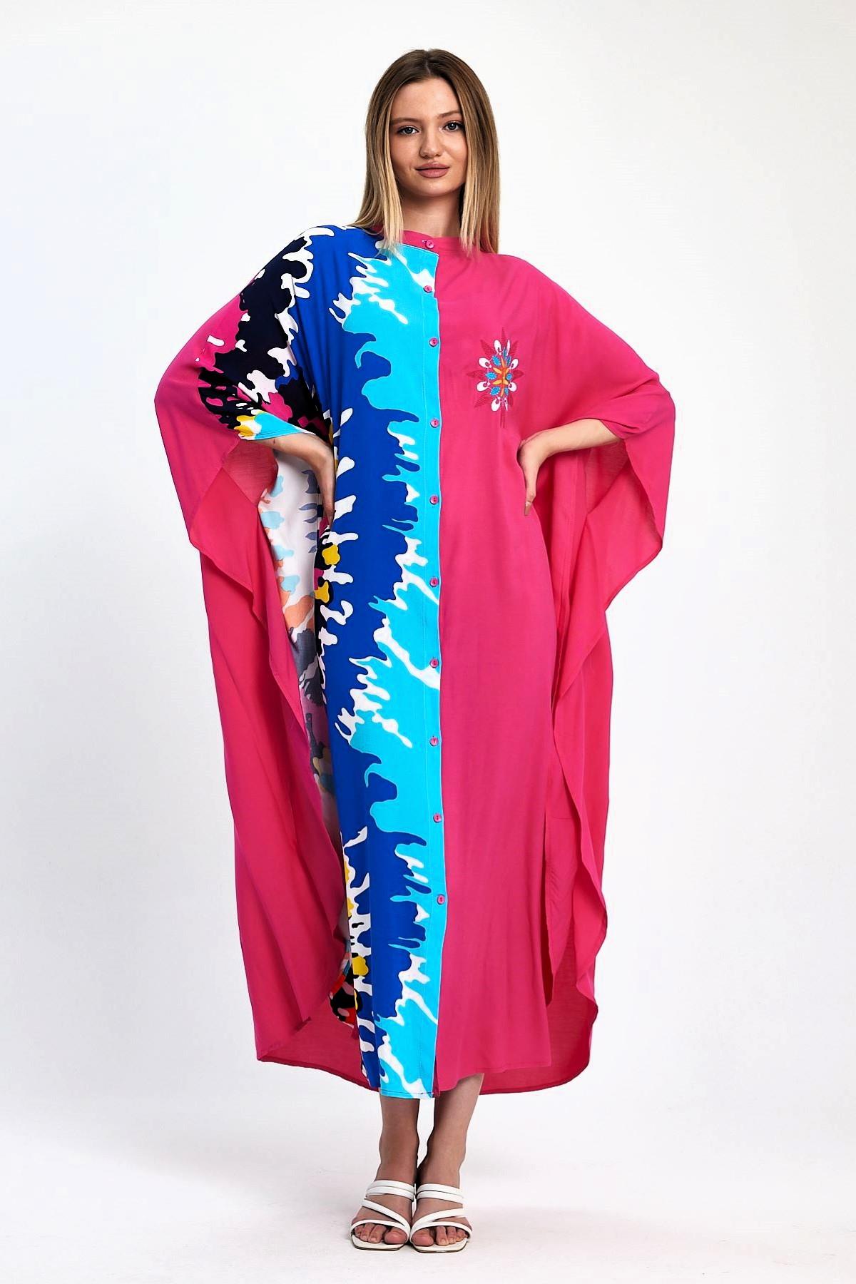 Pembe Desen Garnili Göğsü Nakışlı Cepli Oversize Uzun Elbise