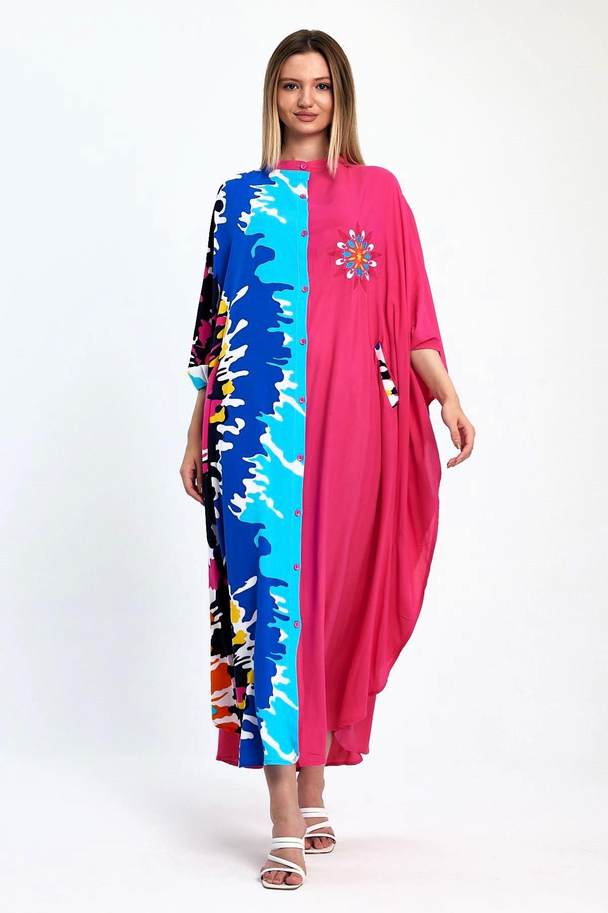 Pembe Desen Garnili Göğsü Nakışlı Cepli Oversize Uzun Elbise