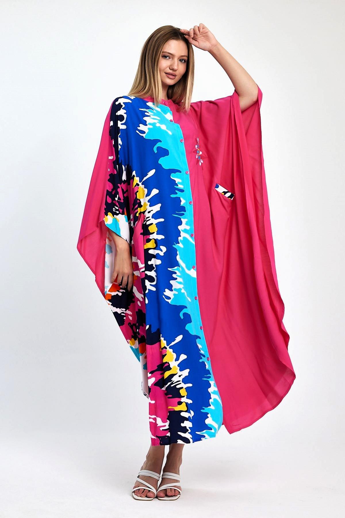 Pembe Desen Garnili Göğsü Nakışlı Cepli Oversize Uzun Elbise