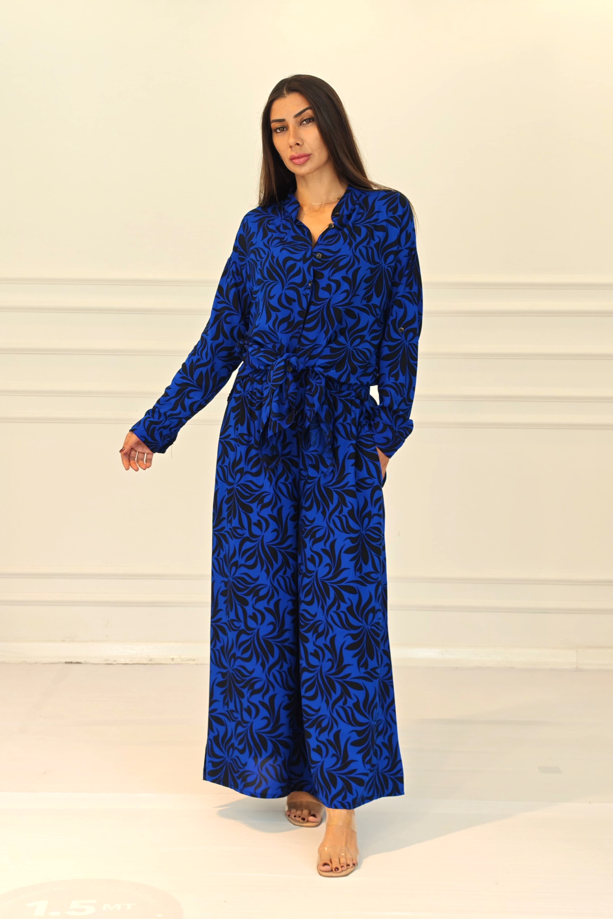 Saks Mavi Desenli Kolu Apoletli Cepli Gömlek Pantolon Takım