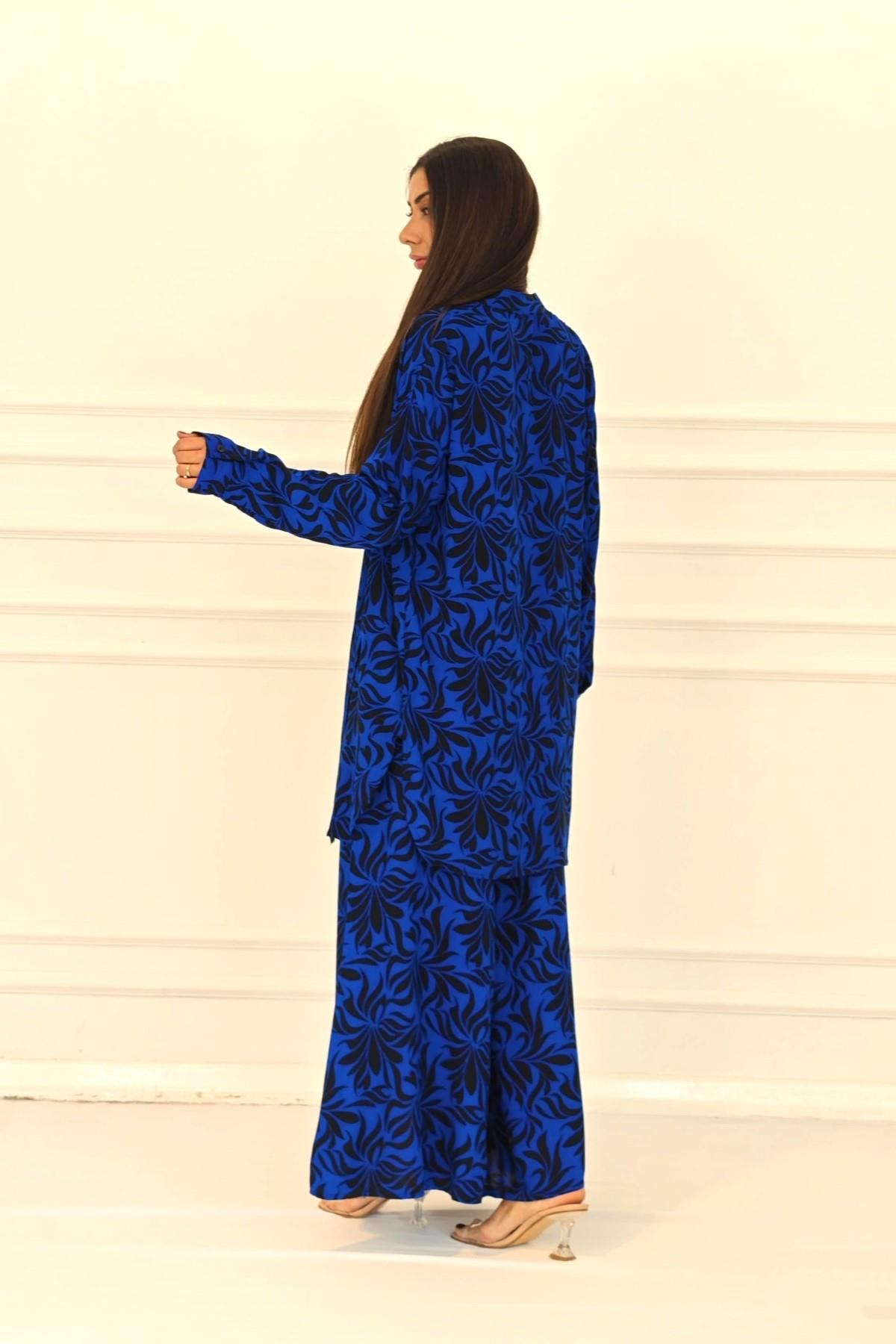 Saks Mavi Desenli Kolu Apoletli Cepli Gömlek Pantolon Takım