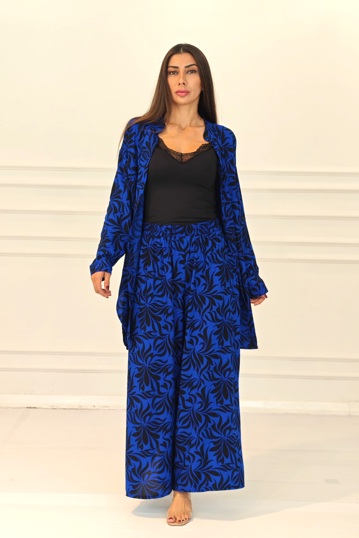 Saks Mavi Desenli Kolu Apoletli Cepli Gömlek Pantolon Takım