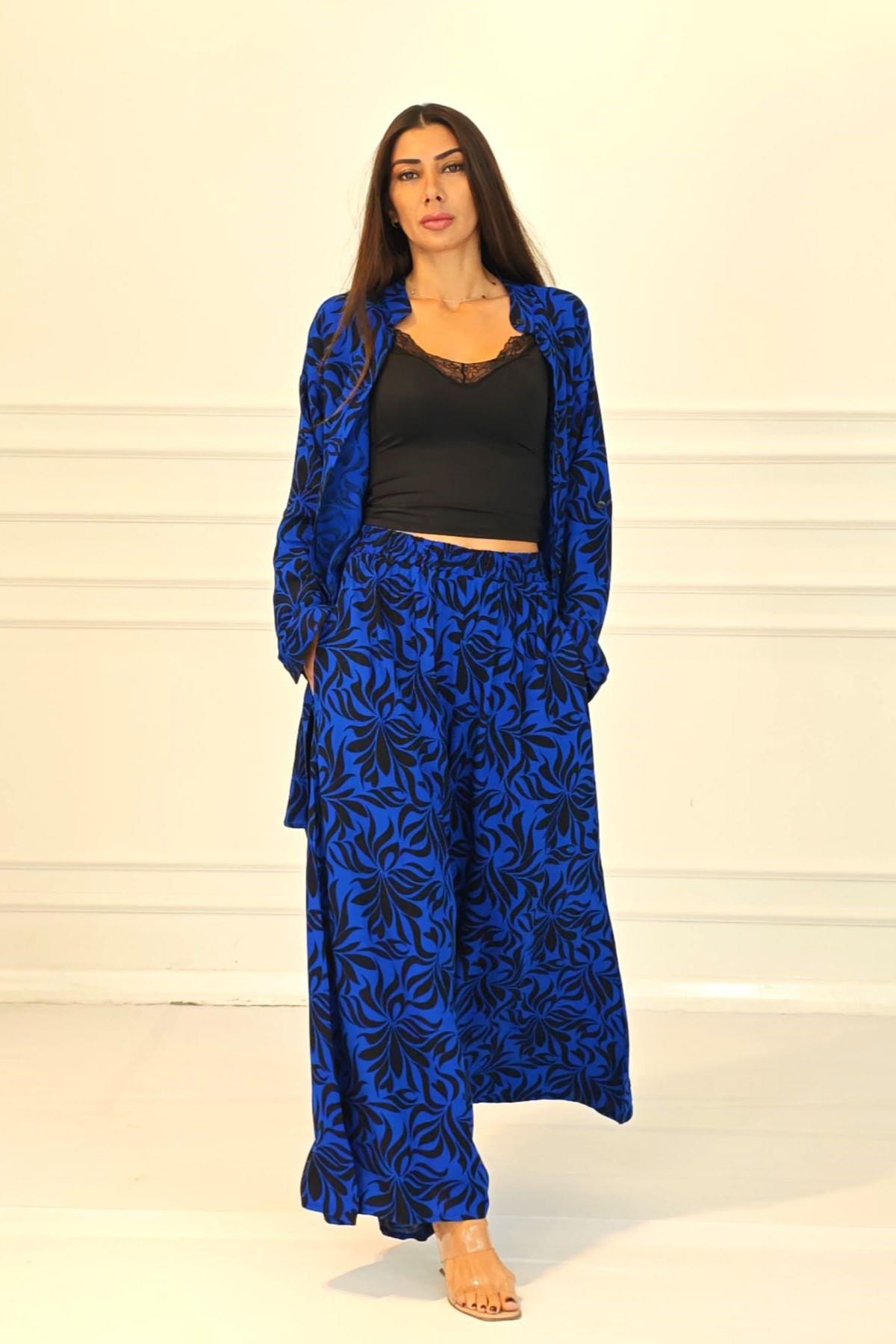 Saks Mavi Desenli Kolu Apoletli Cepli Gömlek Pantolon Takım