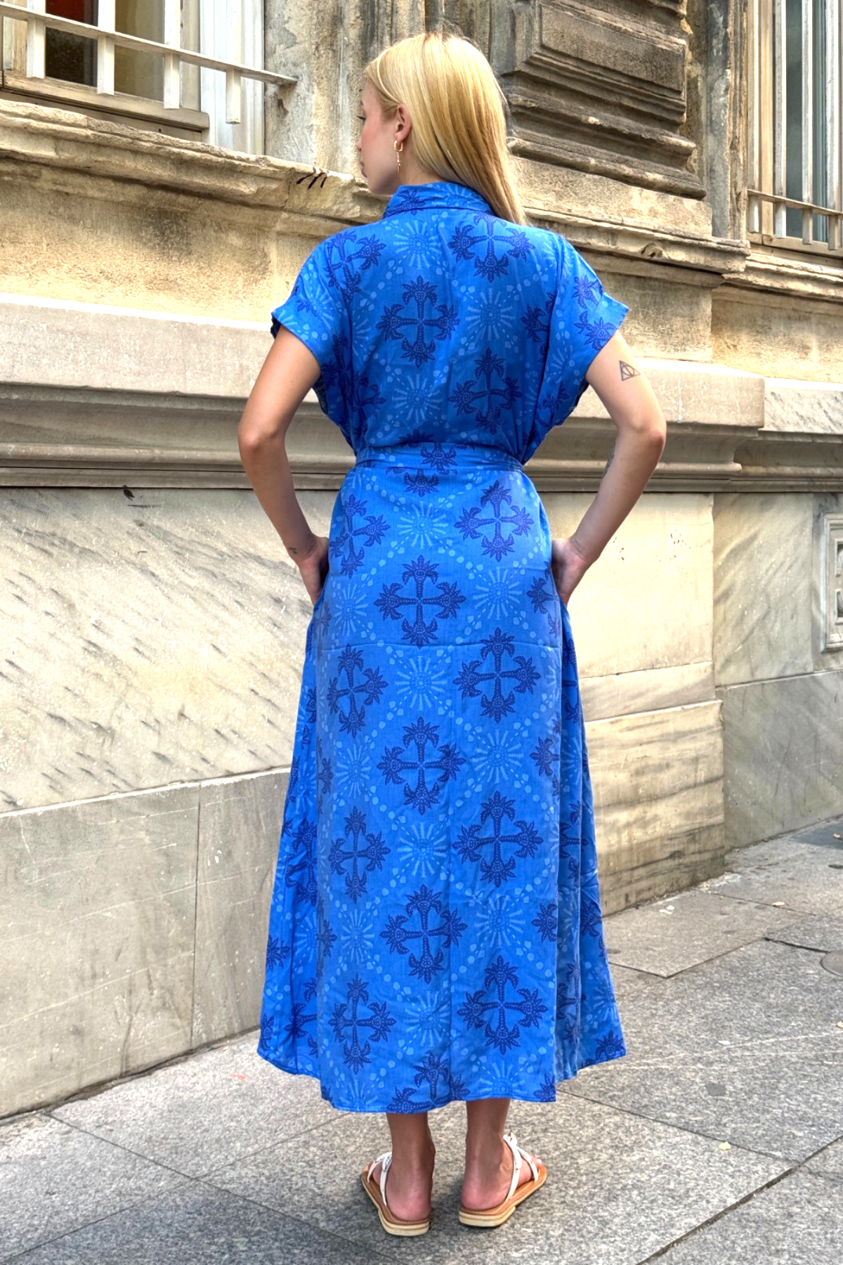 Saks Mavi Gömlek Yaka Kemerli Cepli Uzun Gömlek Elbise