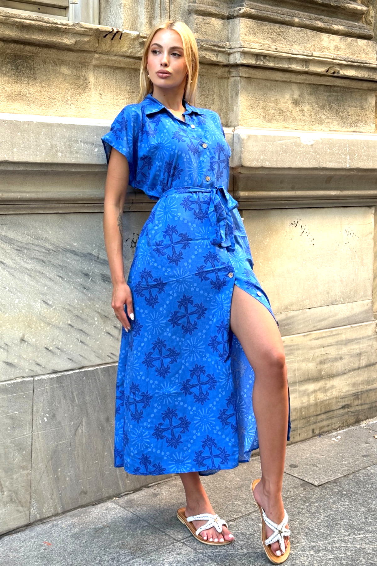 Saks Mavi Gömlek Yaka Kemerli Cepli Uzun Gömlek Elbise