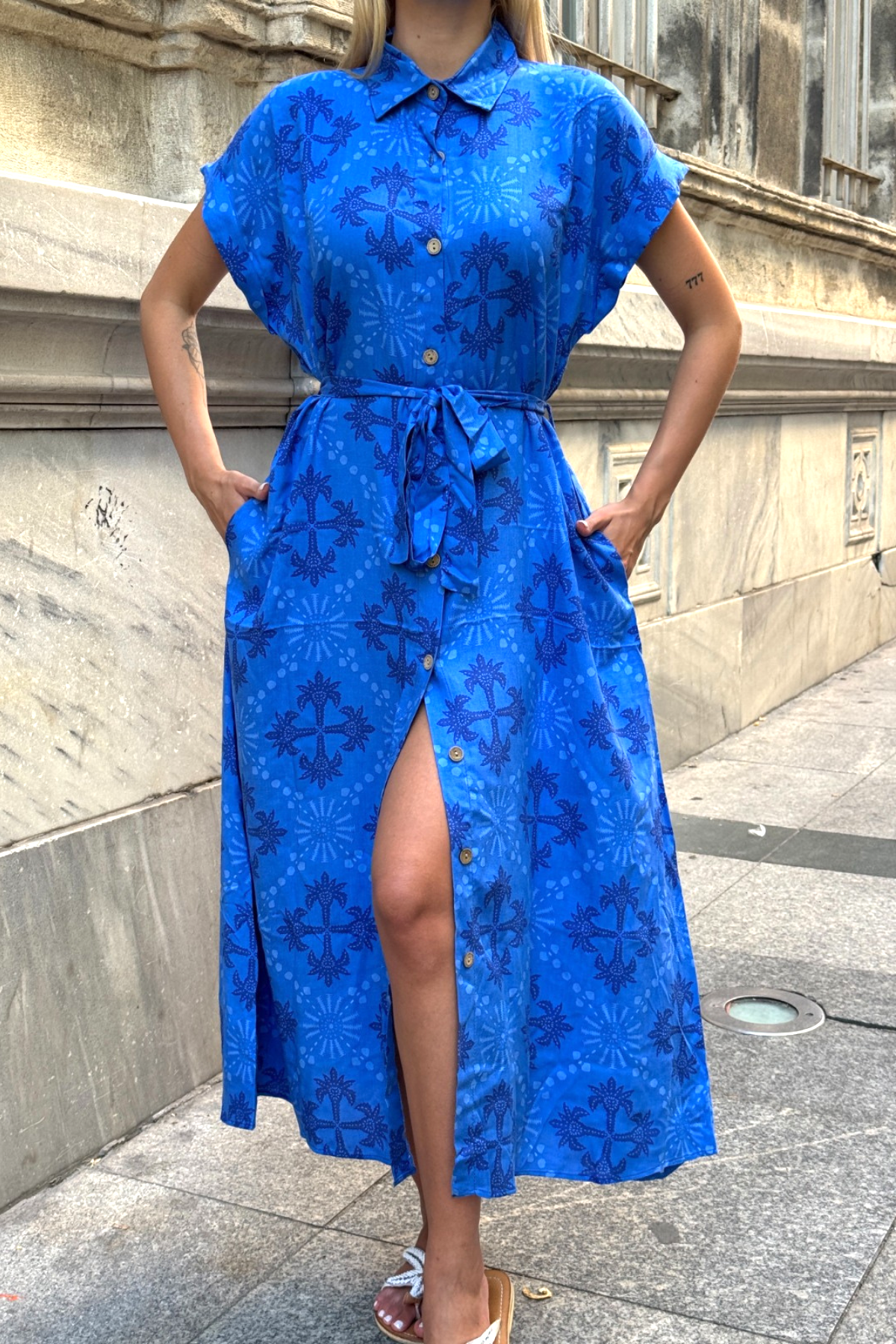 Saks Mavi Gömlek Yaka Kemerli Cepli Uzun Gömlek Elbise