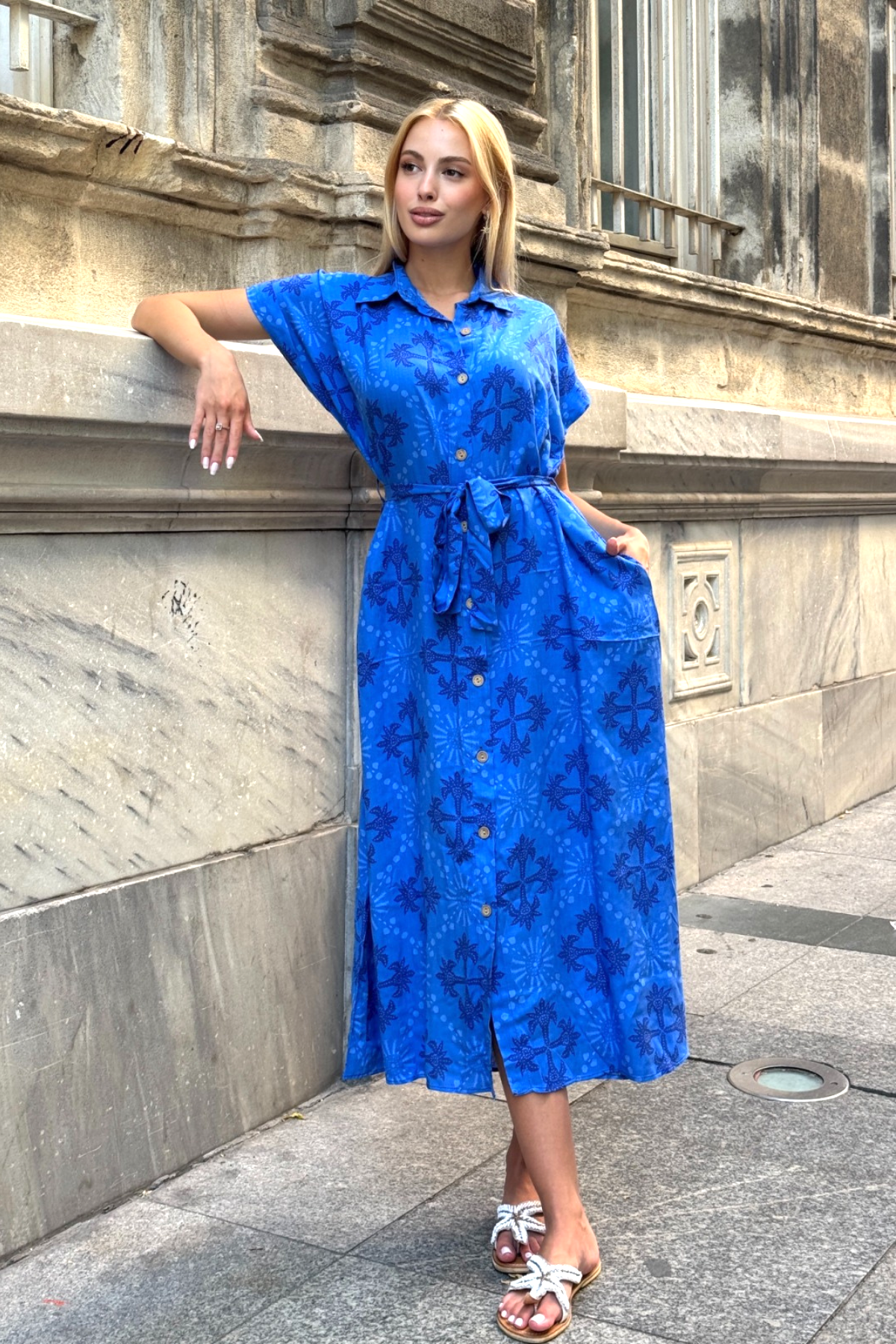 Saks Mavi Gömlek Yaka Kemerli Cepli Uzun Gömlek Elbise