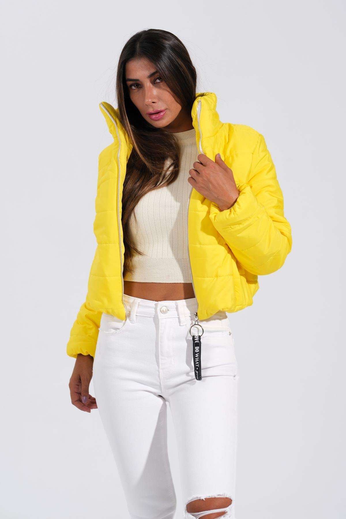 Sarı Sırtı Taş Baskılı Dik Yaka Kısa Şişme Mont