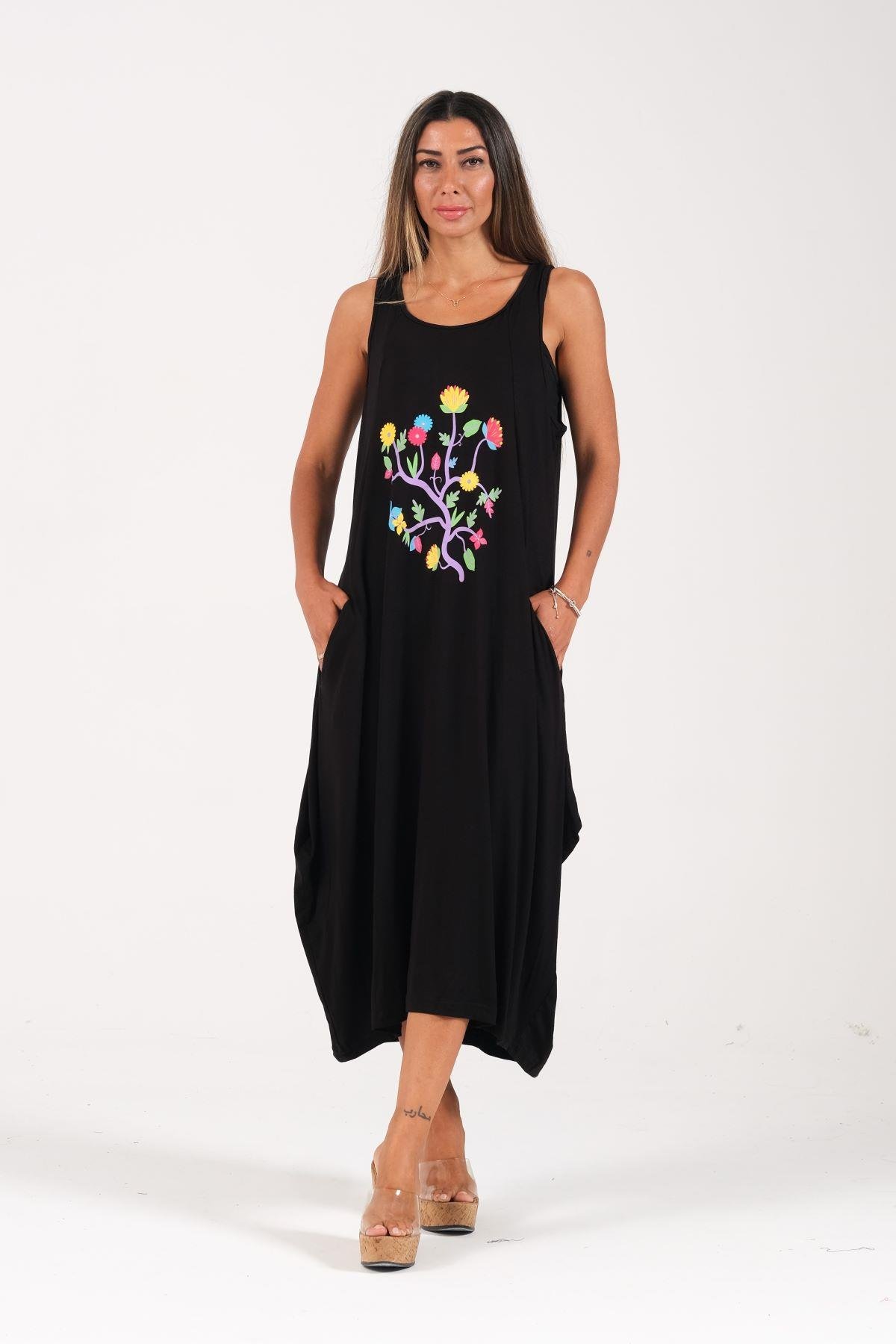 Siyah Askılı Önü Çiçek Desenli Cepli Uzun Elbise