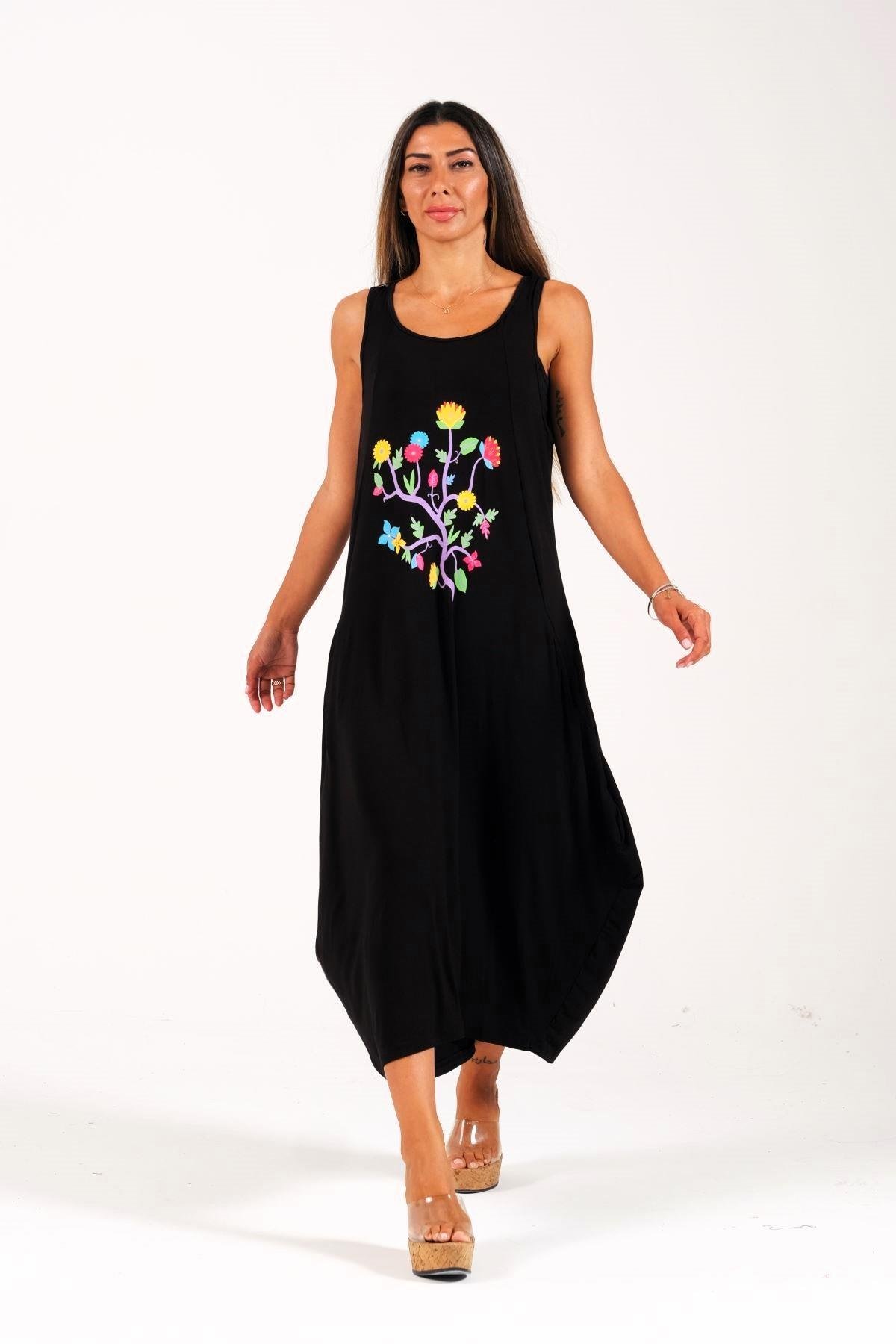 Siyah Askılı Önü Çiçek Desenli Cepli Uzun Elbise