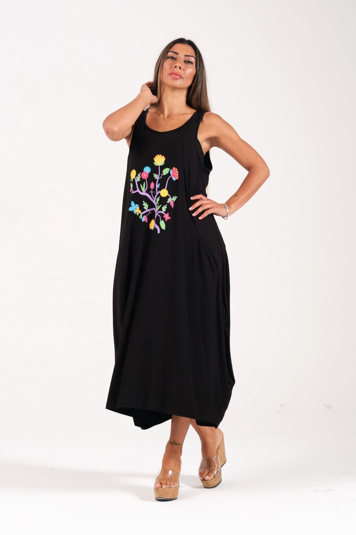 Siyah Askılı Önü Çiçek Desenli Cepli Uzun Elbise