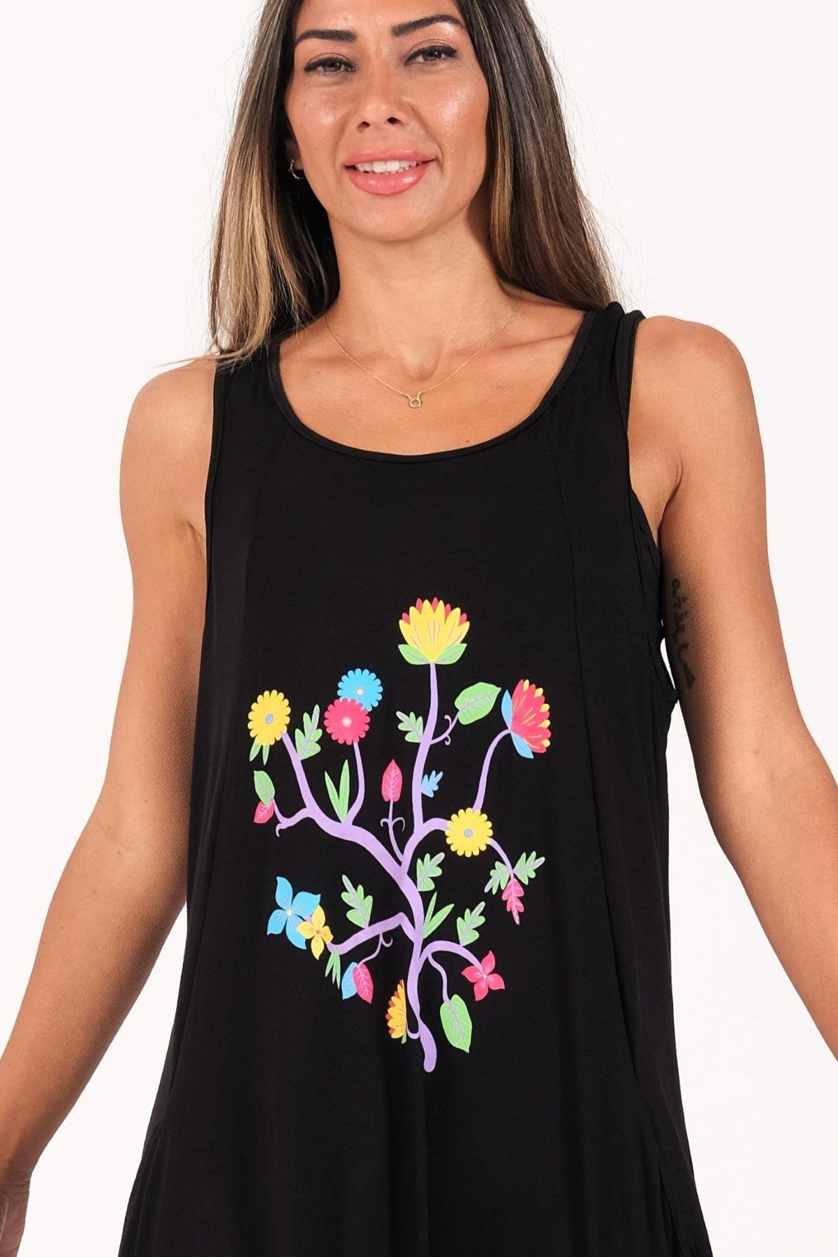 Siyah Askılı Önü Çiçek Desenli Cepli Uzun Elbise