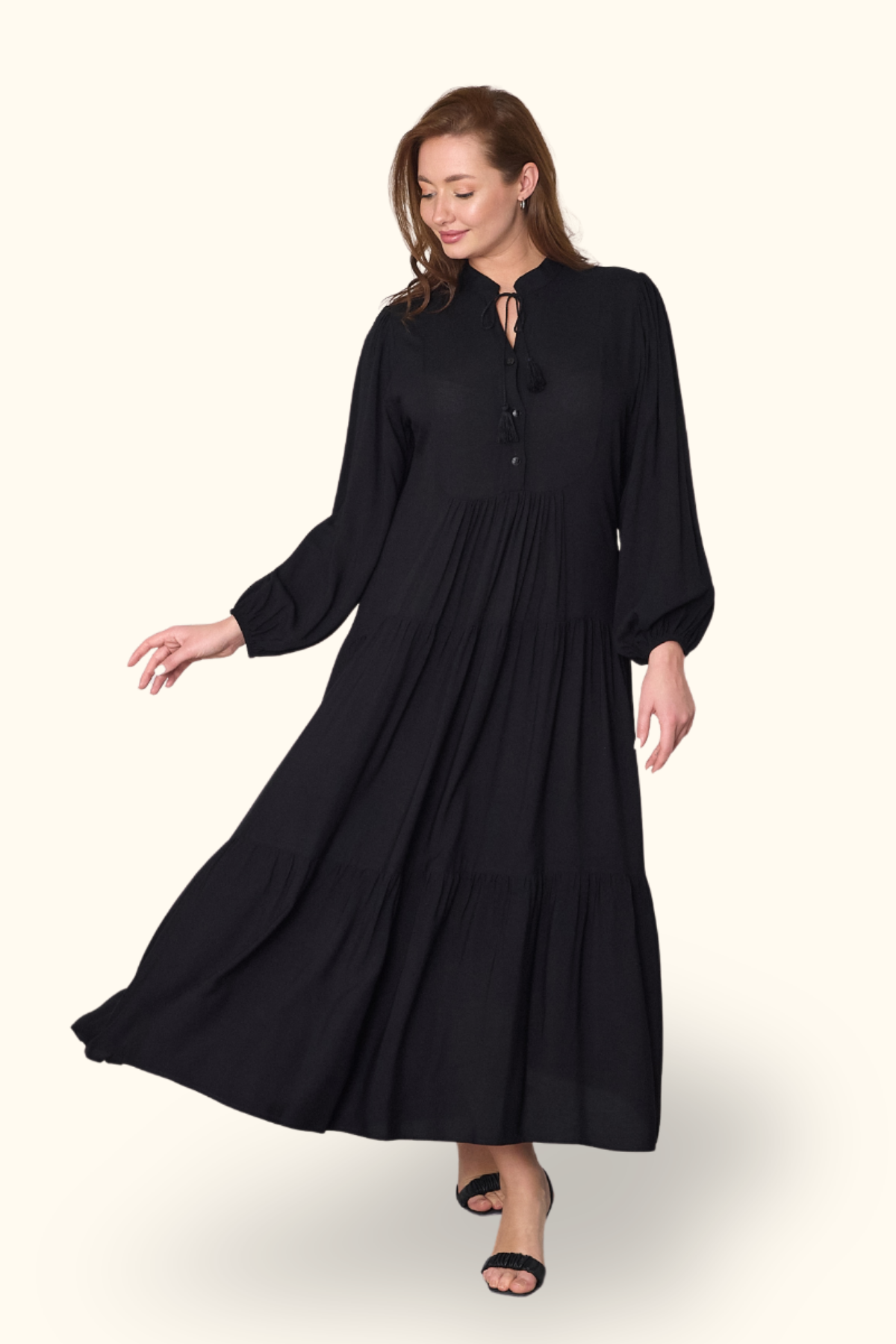 Siyah Balon Kol Önü Düğmeli Kat Kat uzun Elbise