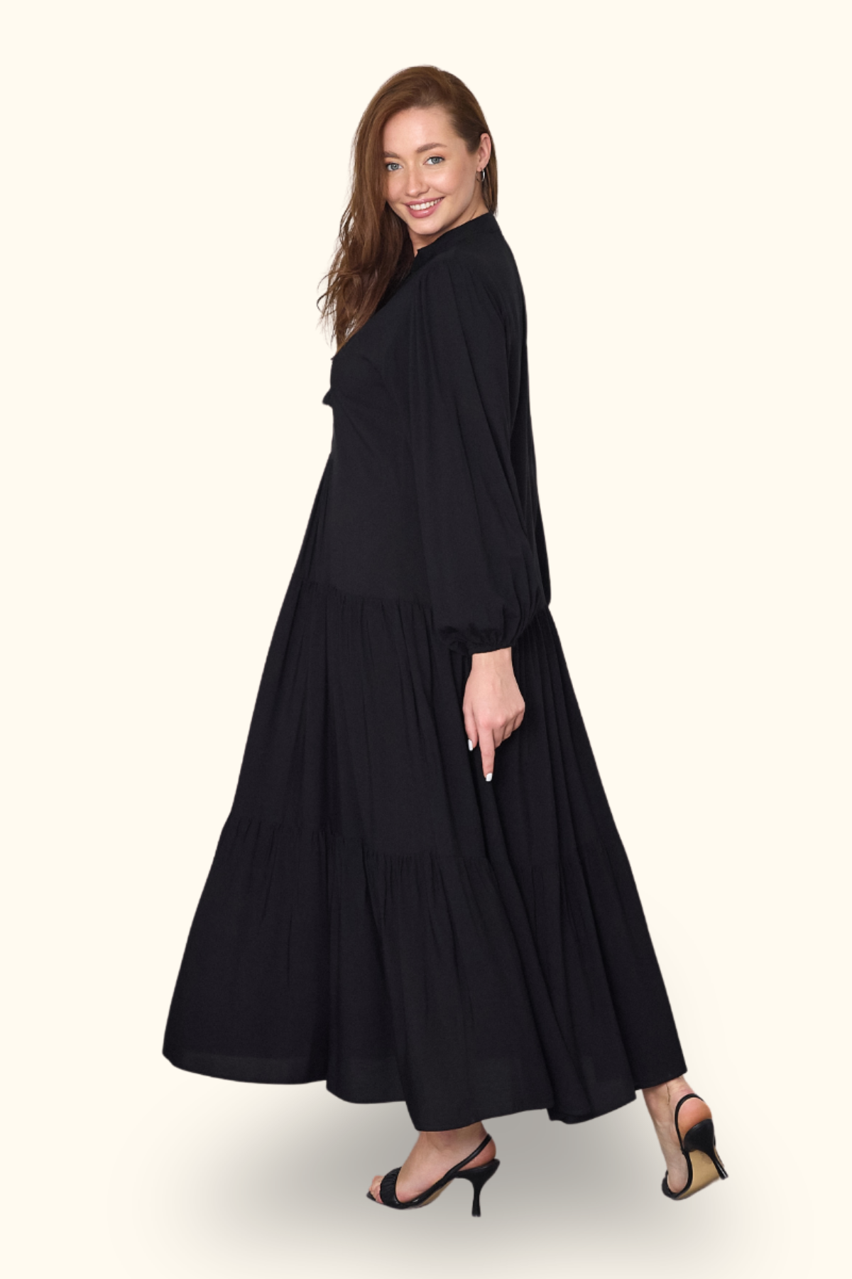 Siyah Balon Kol Önü Düğmeli Kat Kat uzun Elbise