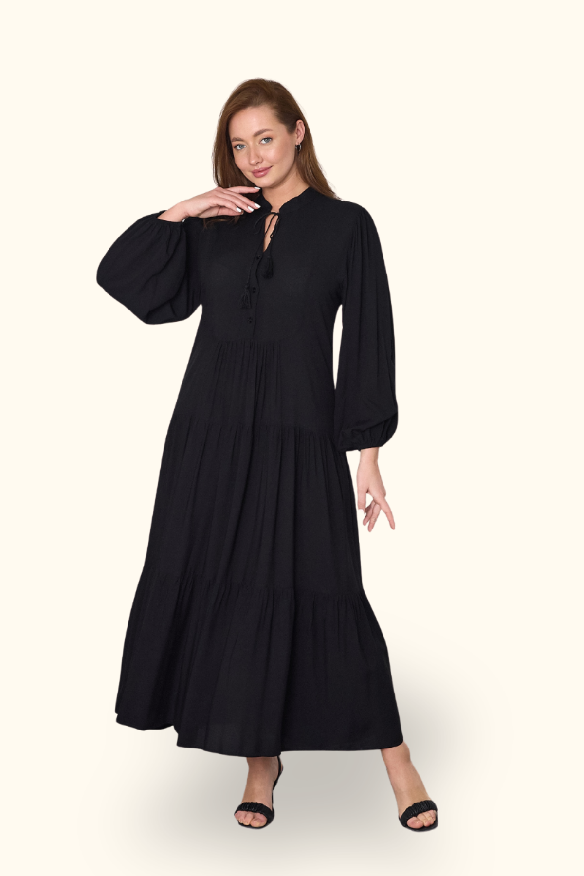 Siyah Balon Kol Önü Düğmeli Kat Kat uzun Elbise