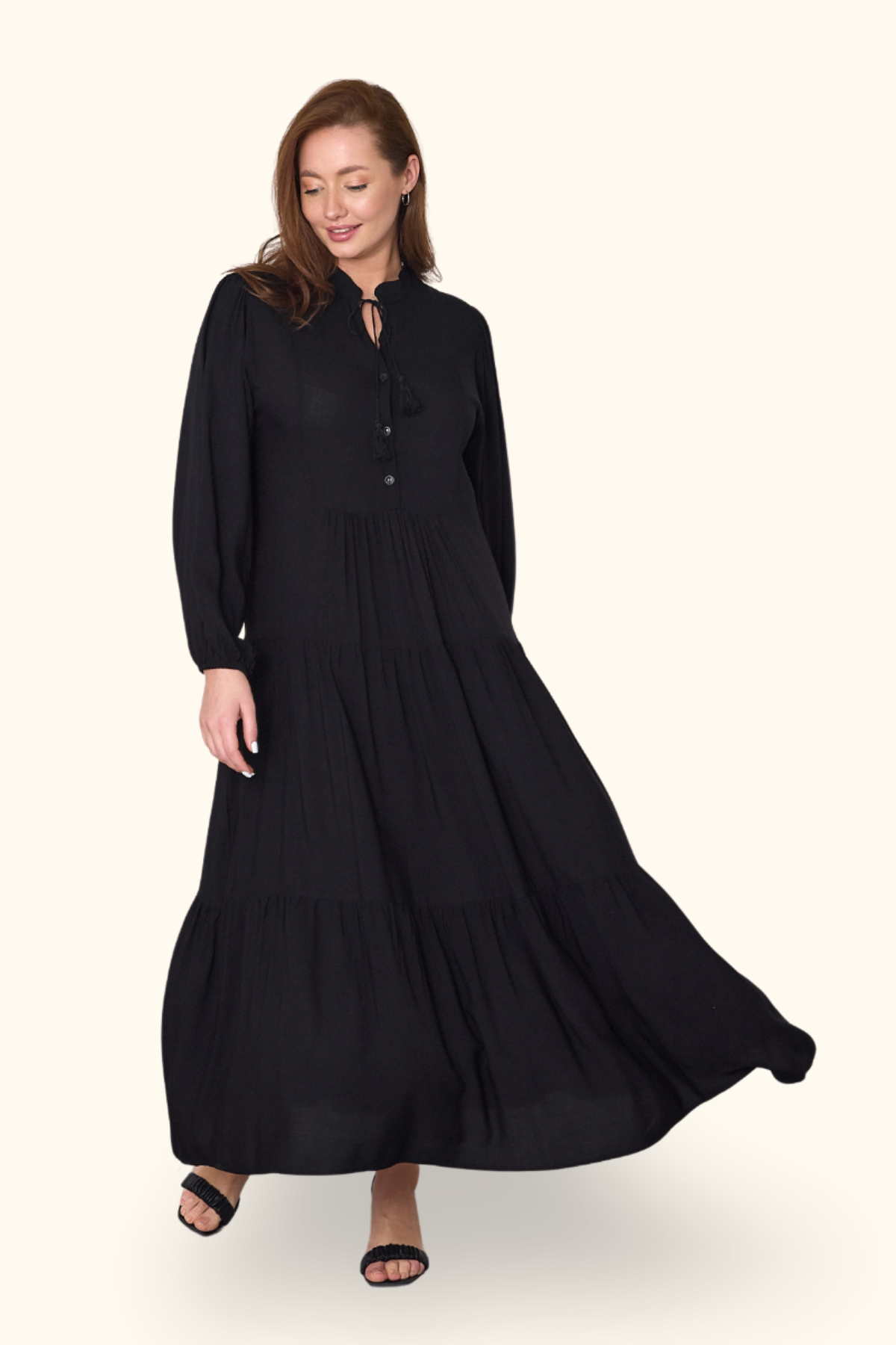 Siyah Balon Kol Önü Düğmeli Kat Kat uzun Elbise