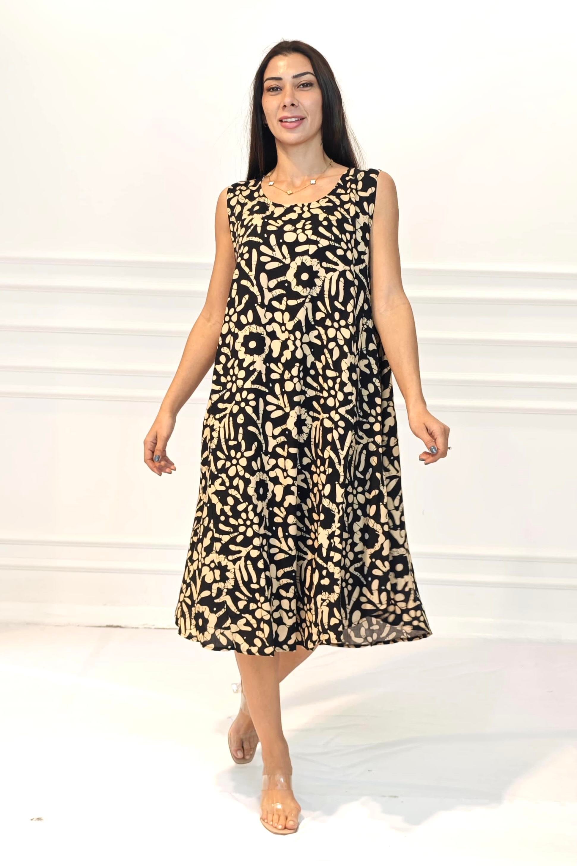 Siyah Bej Desenli U Yaka Askılı Midi Elbise